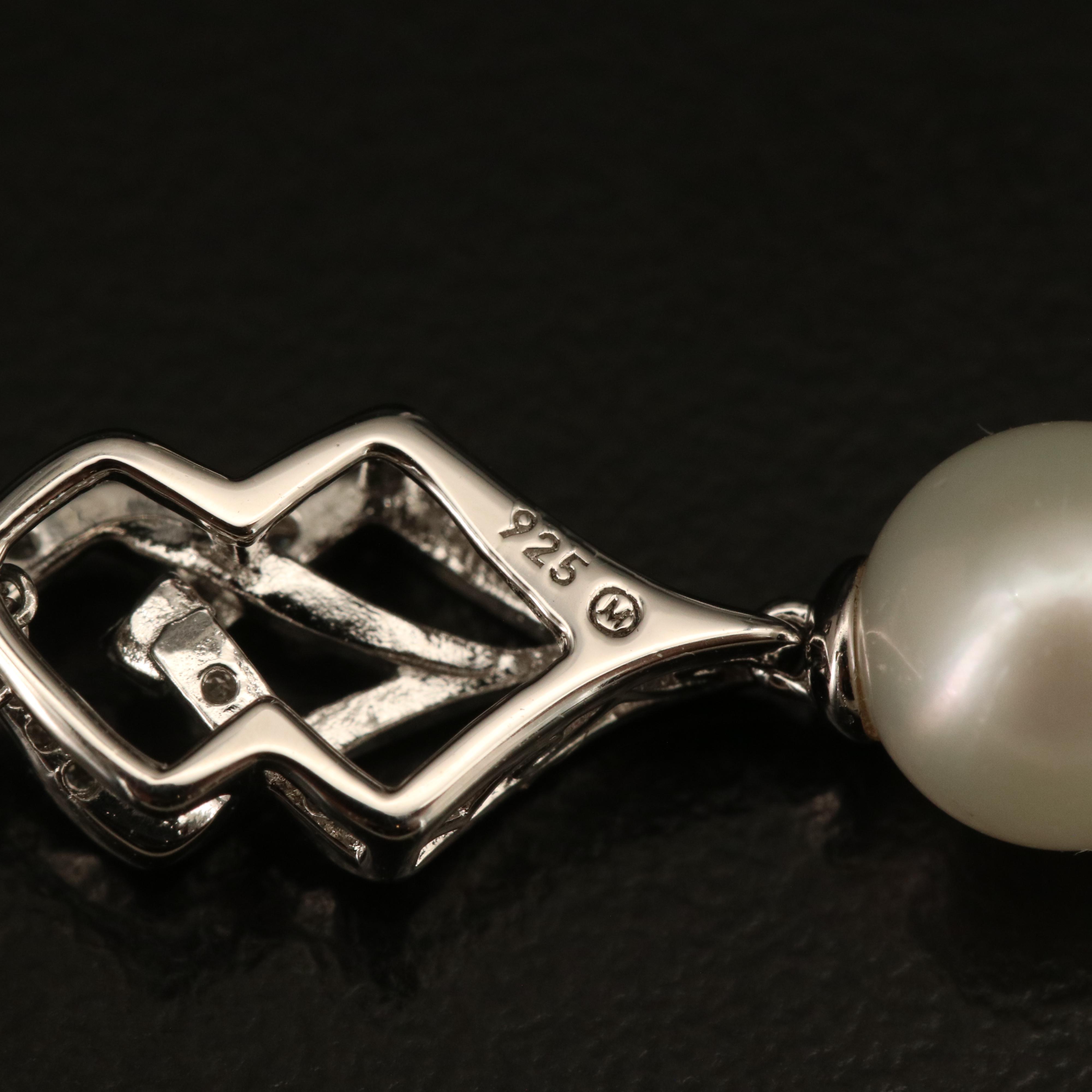 Sterling Pearl and Diamond Pendant Necklace