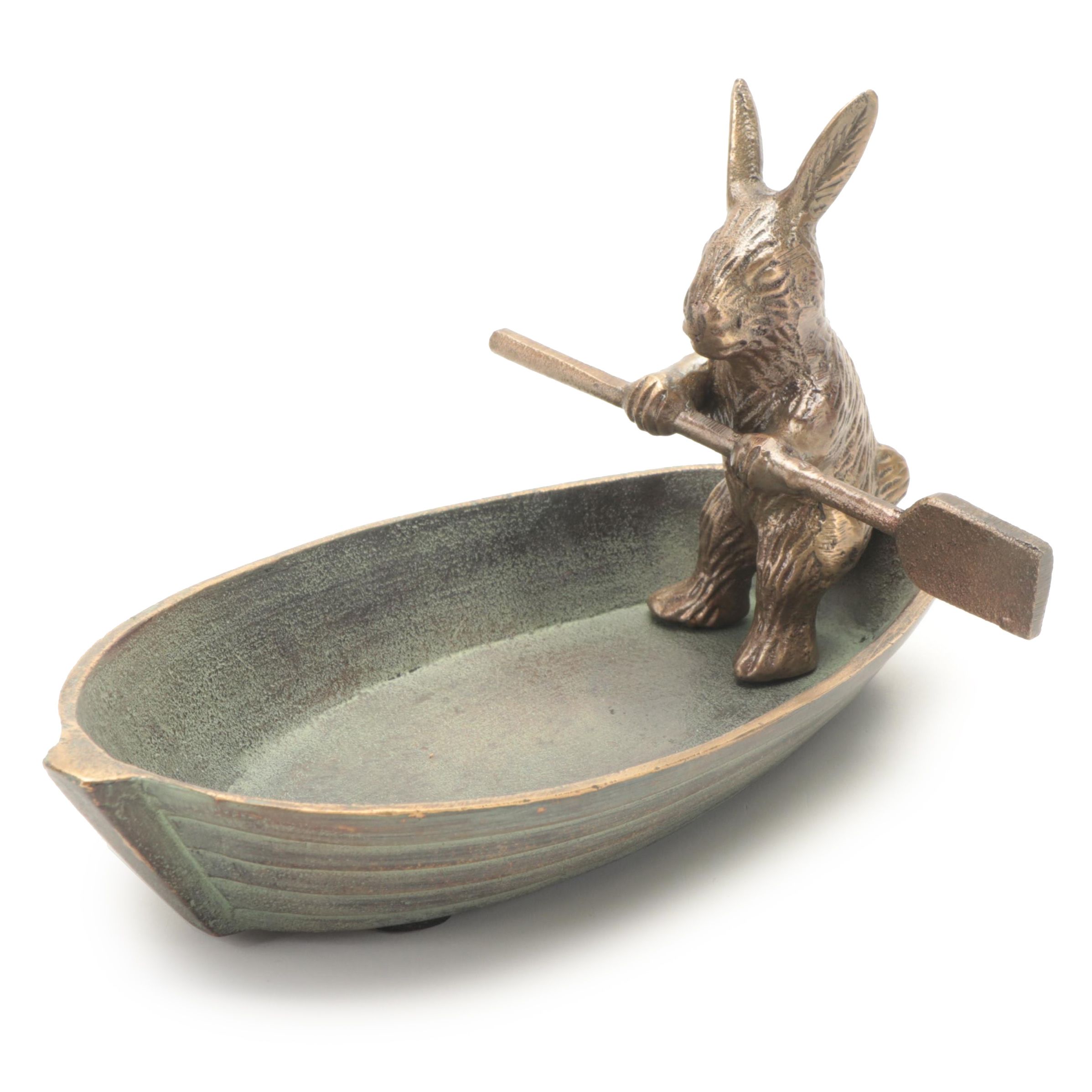 Patinated Cast Brass Rabbit in Rowboat Trinket Dish