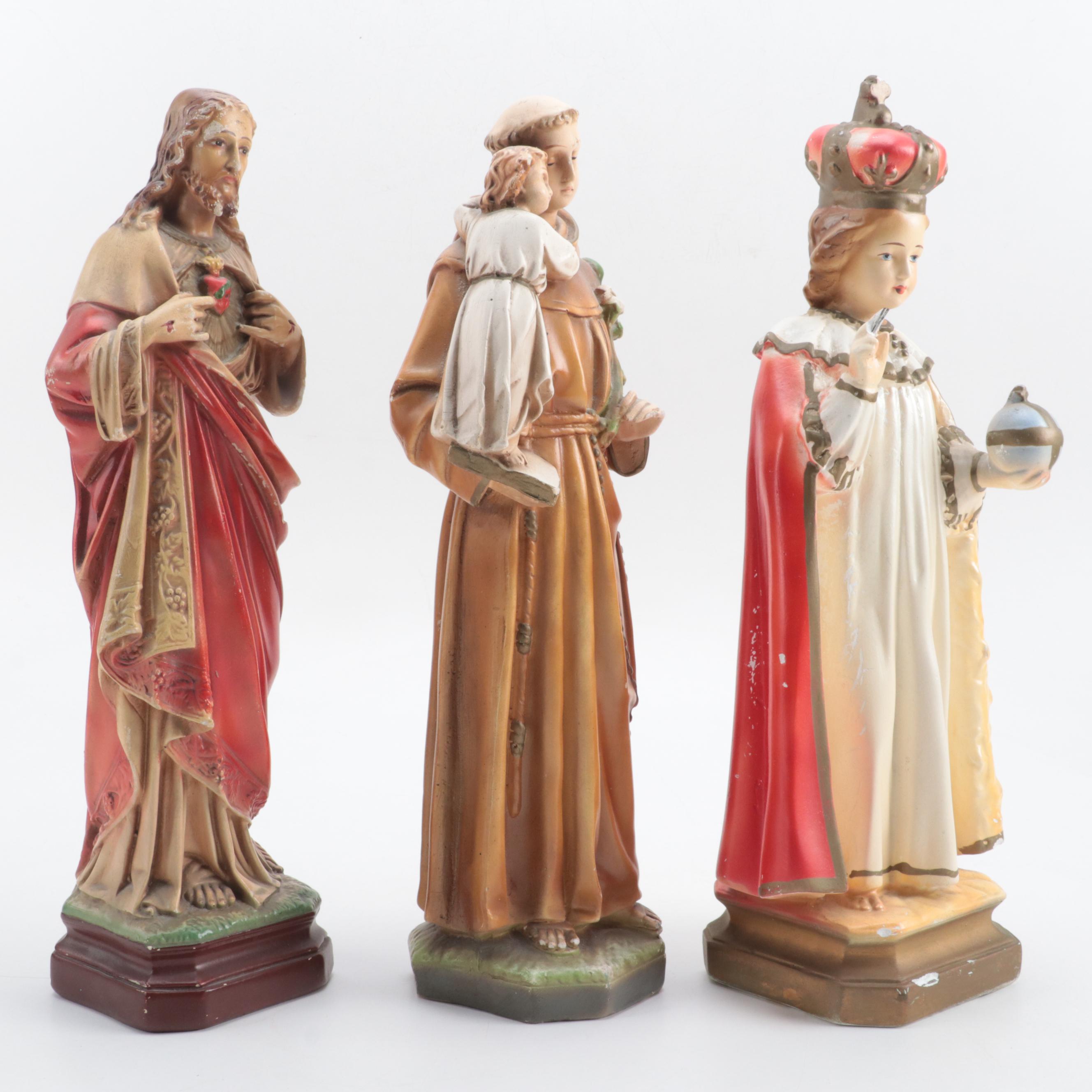 Painted Plaster Figures of Anthony of Padua, Infant of Prague and Sacred Heart