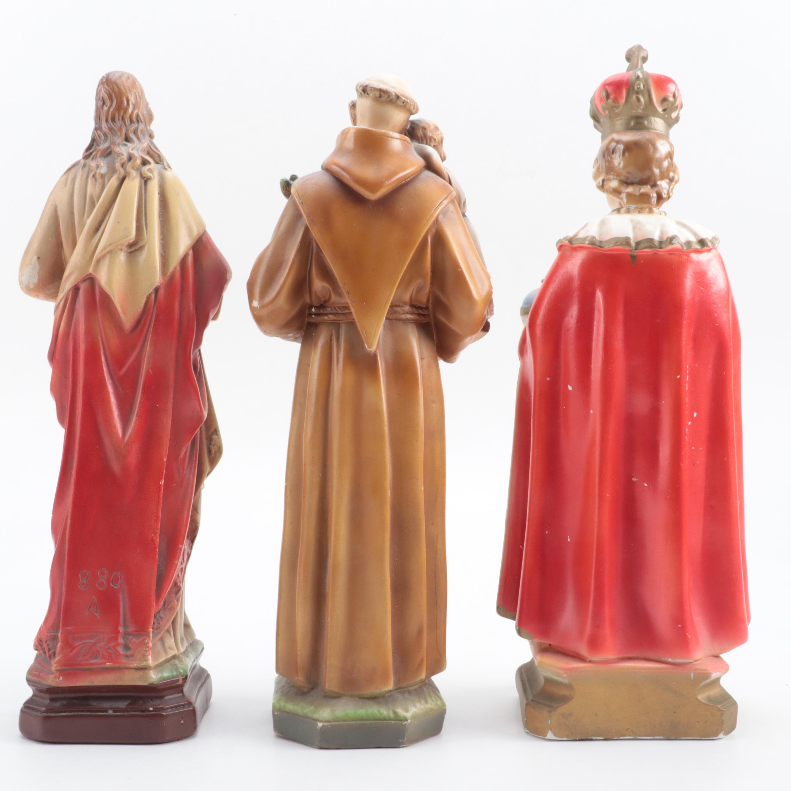 Painted Plaster Figures of Anthony of Padua, Infant of Prague and Sacred Heart