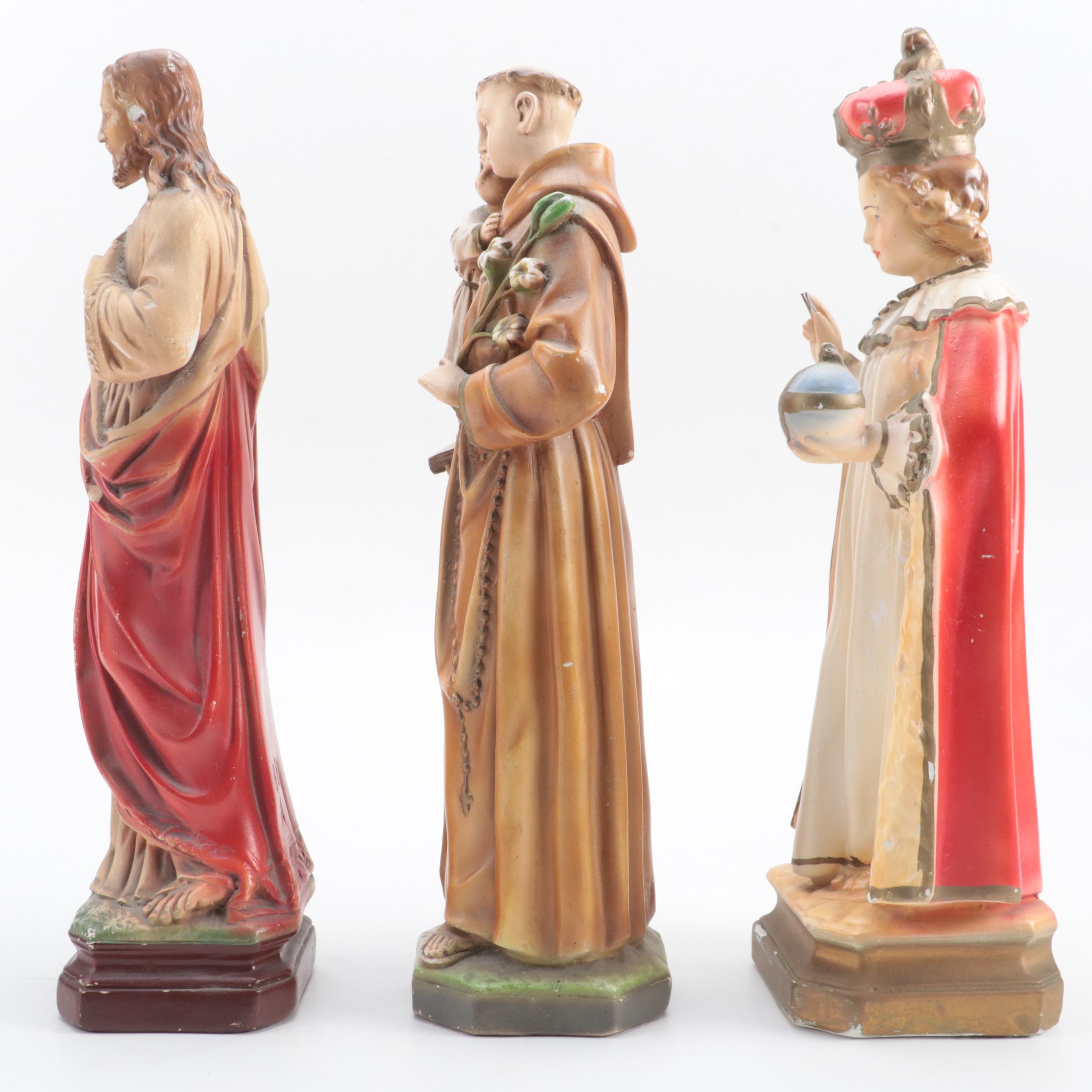Painted Plaster Figures of Anthony of Padua, Infant of Prague and Sacred Heart