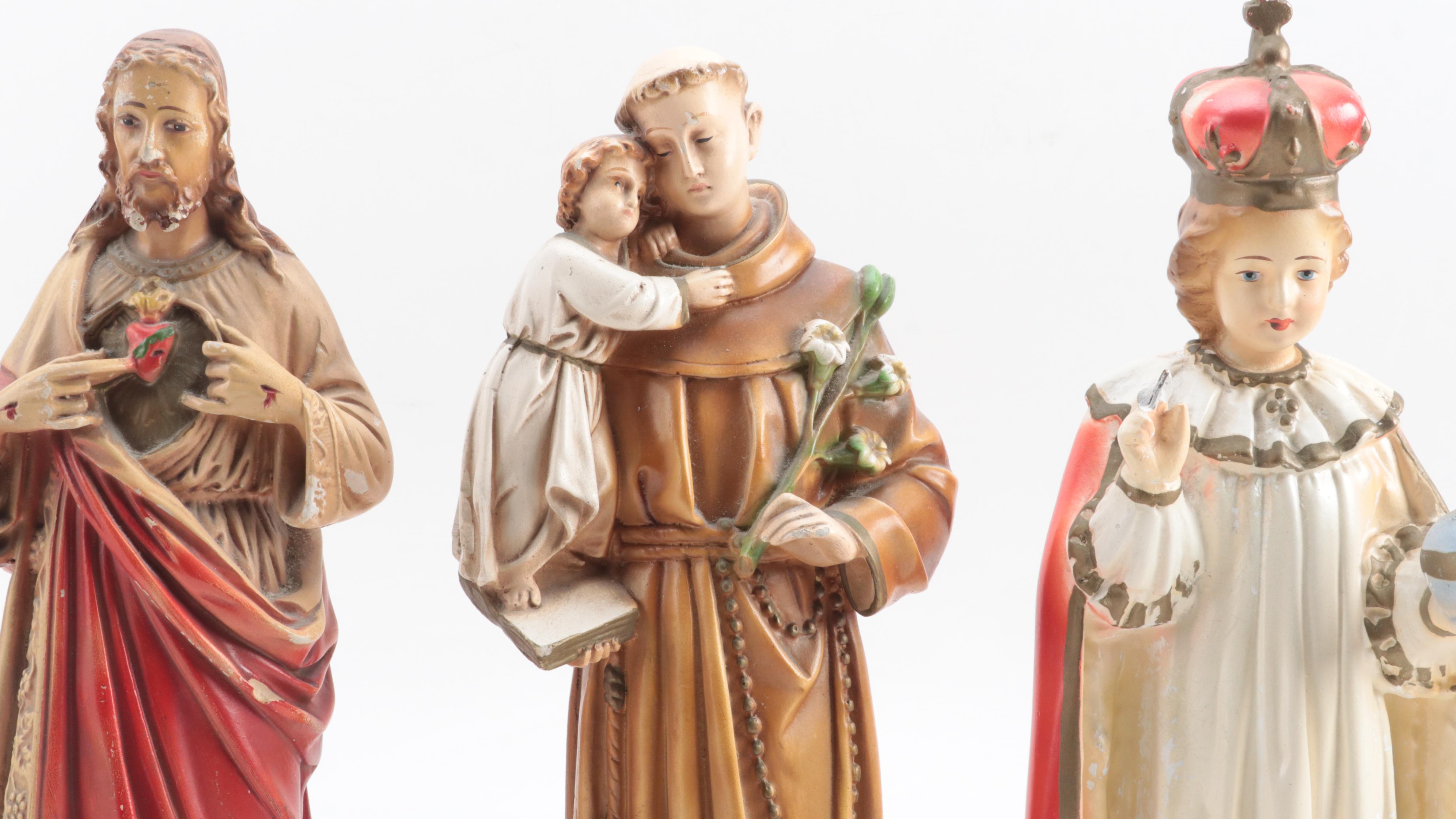 Painted Plaster Figures of Anthony of Padua, Infant of Prague and Sacred Heart