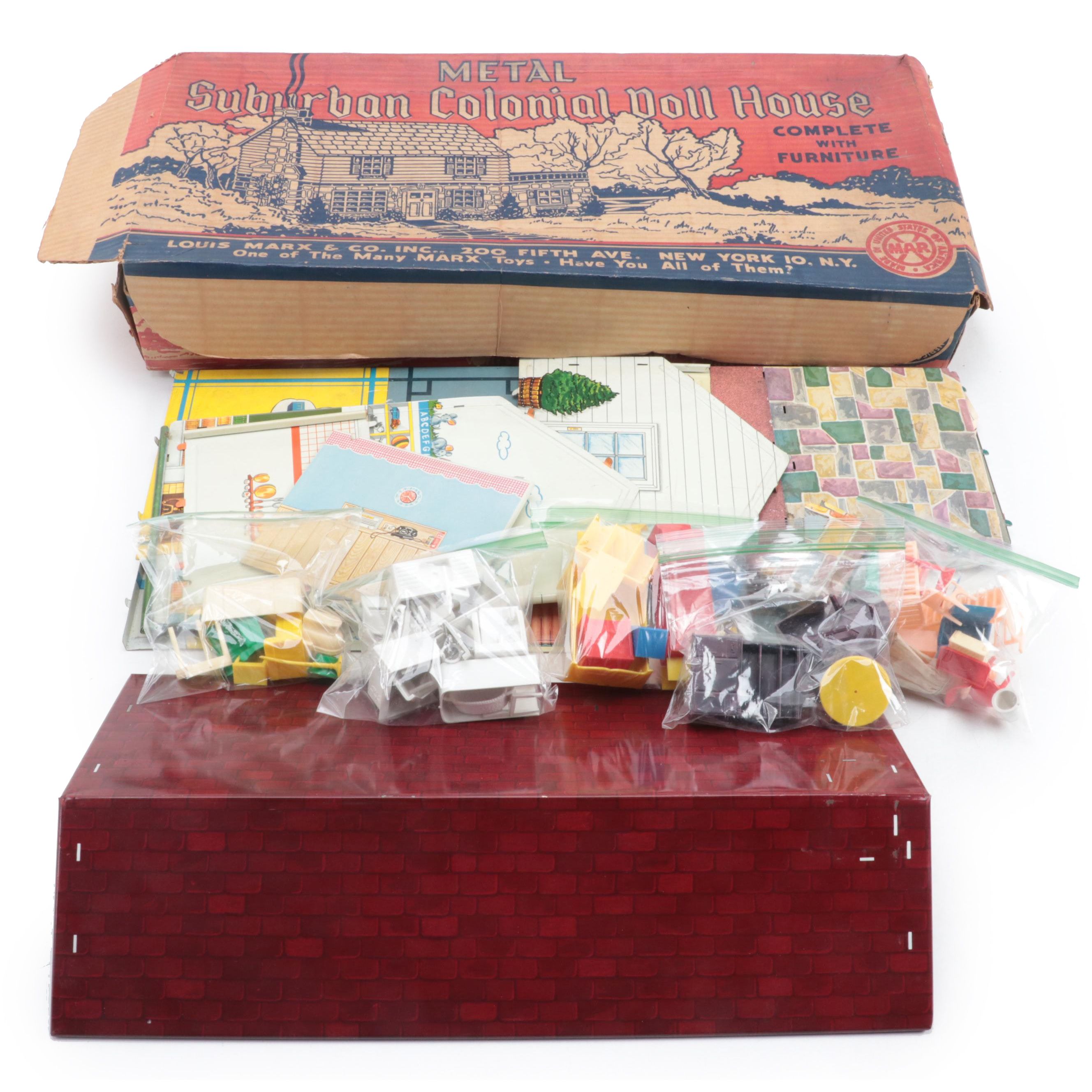 Louis Marx & Co. Metal Suburban Colonial Doll House Set, Mid-20th Century
