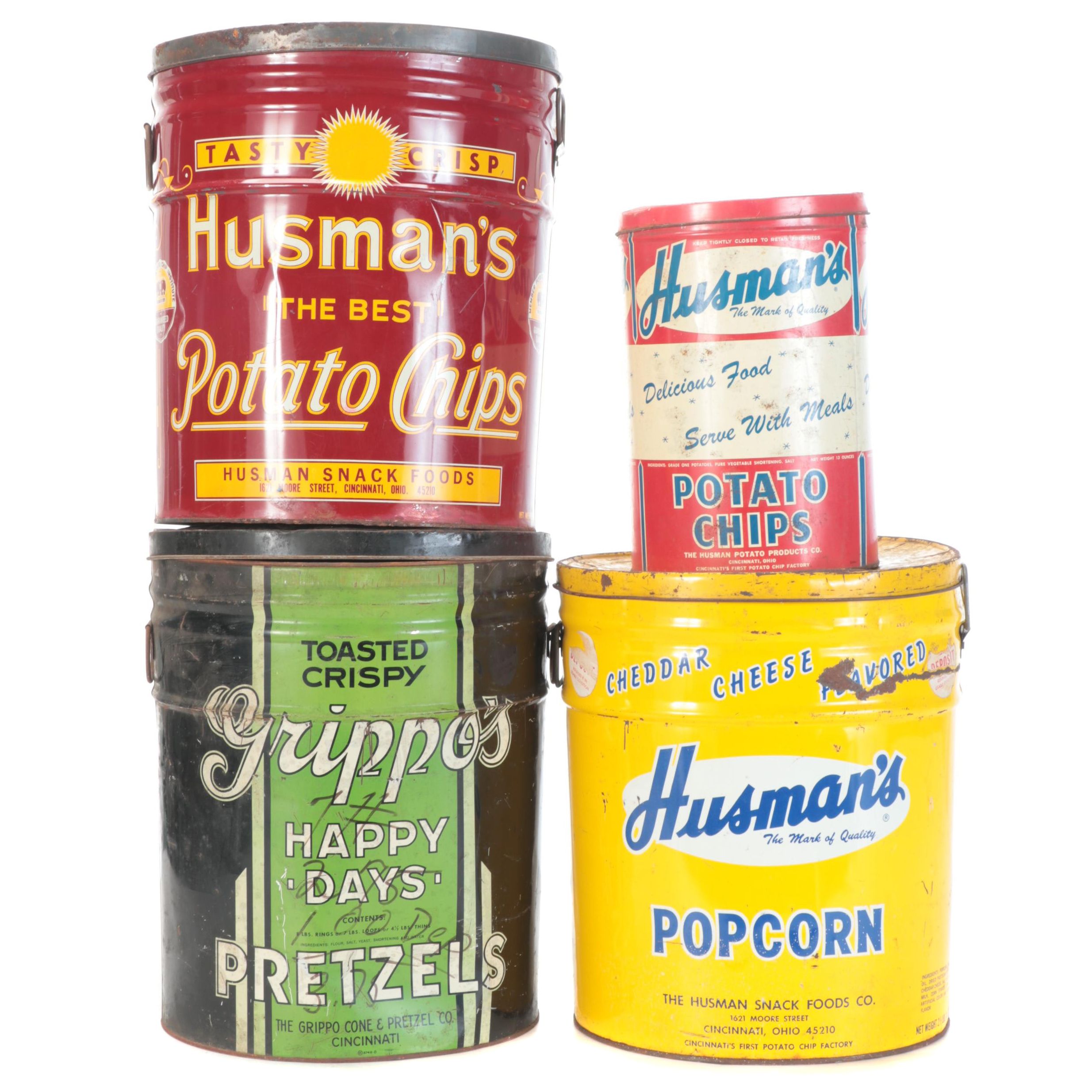 Husman's and Grippo's Potato Chip, Popcorn and Pretzel Tins, Mid-20th Century