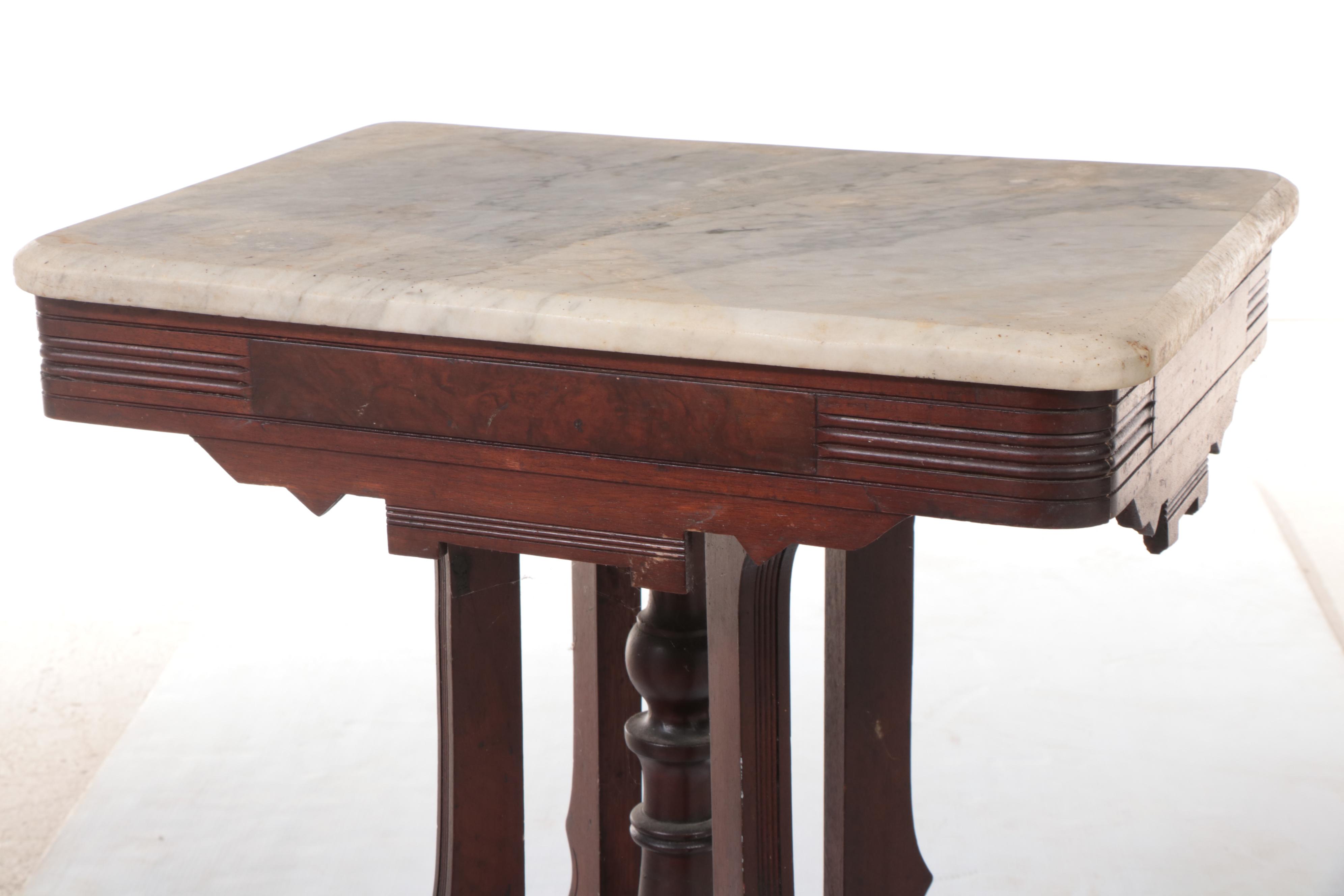 Victorian Walnut, Burl Walnut, and White Marble Side Table, Late 19th Century