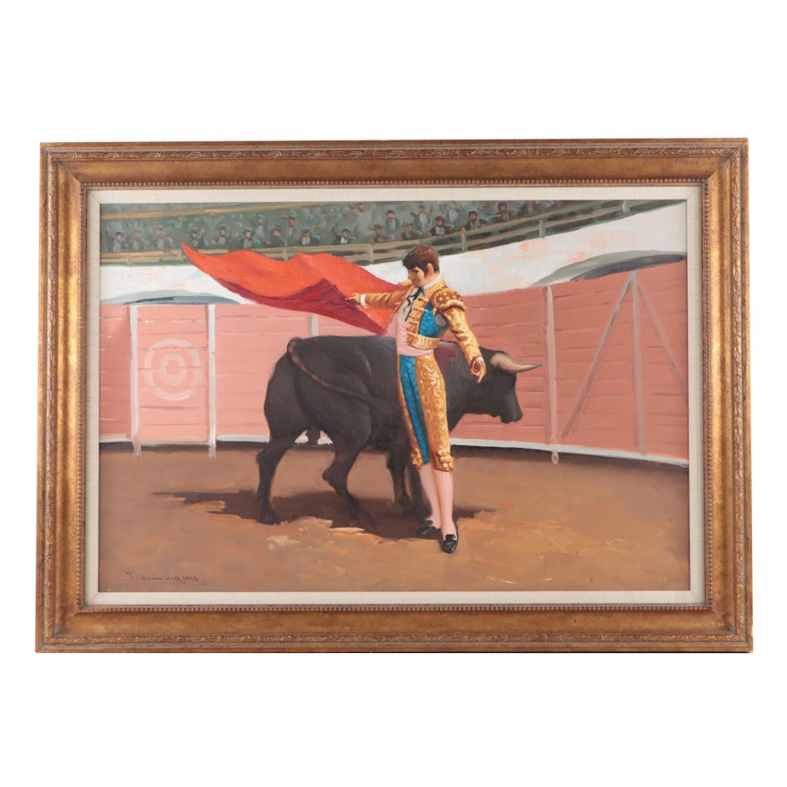A. Dominguez Oil Painting of a Matador During Bull Fight