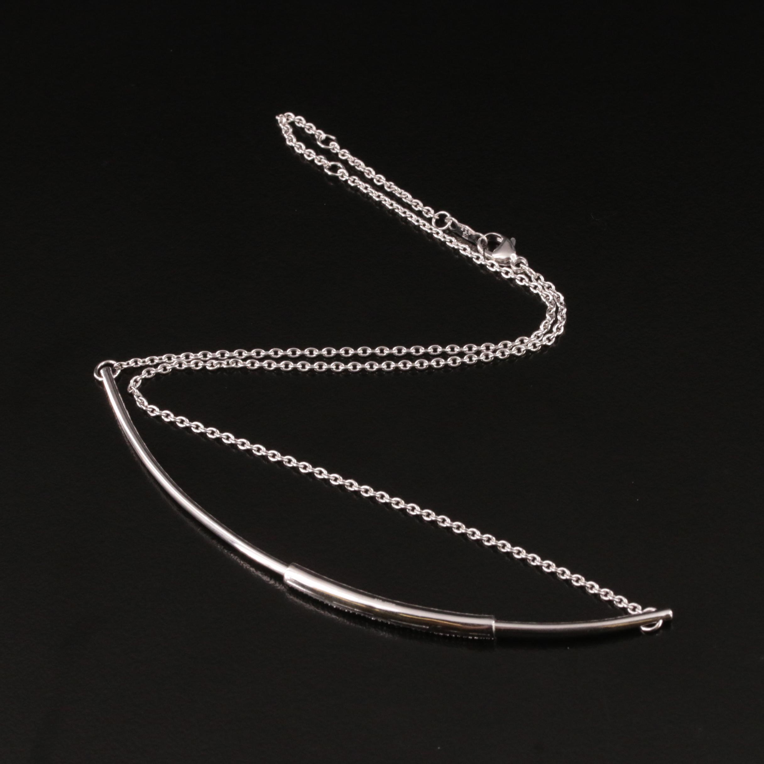 Sterling Pavé Diamond Slide Pendant on Curved Bar Necklace