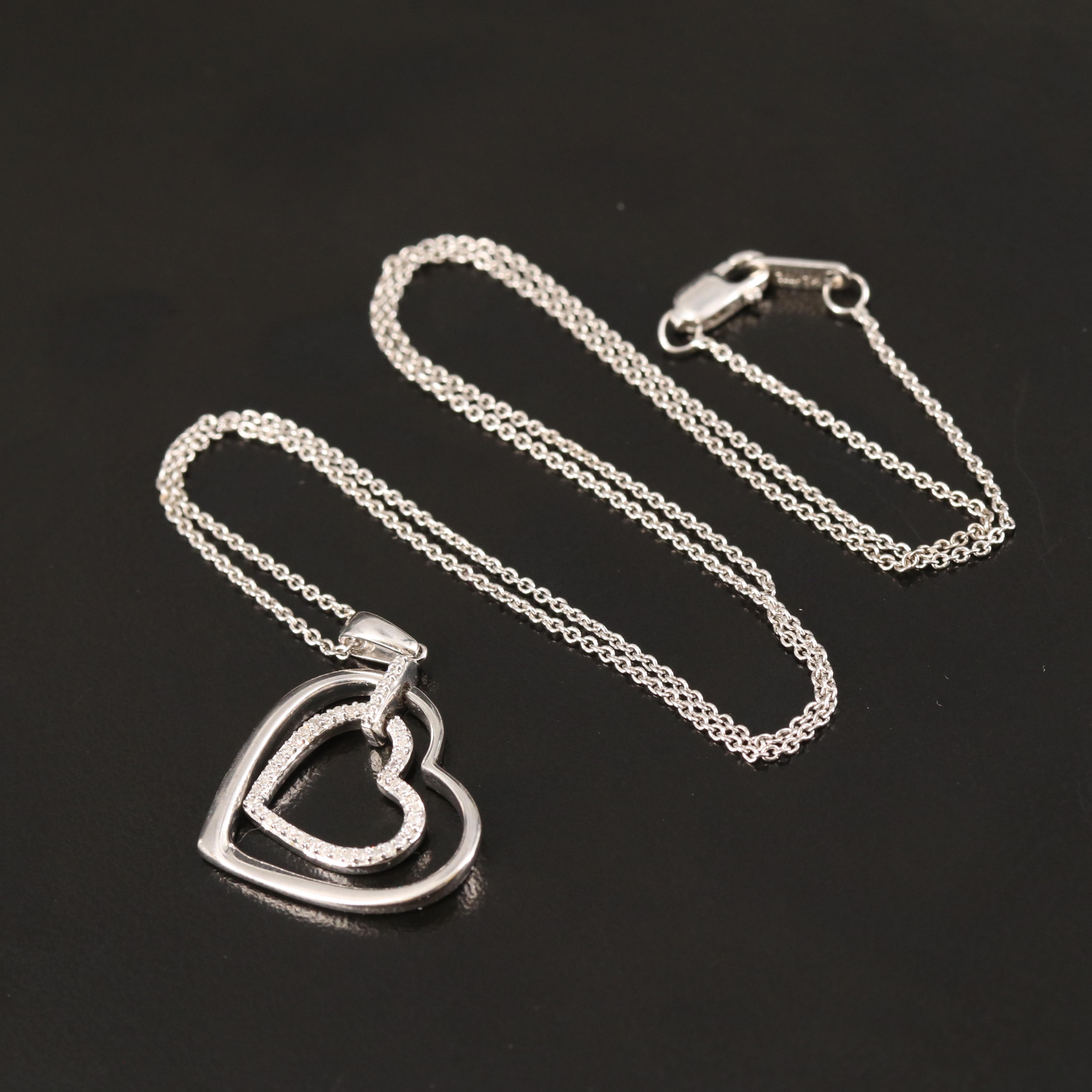 Sterling Diamond Double Heart Pendant Necklace