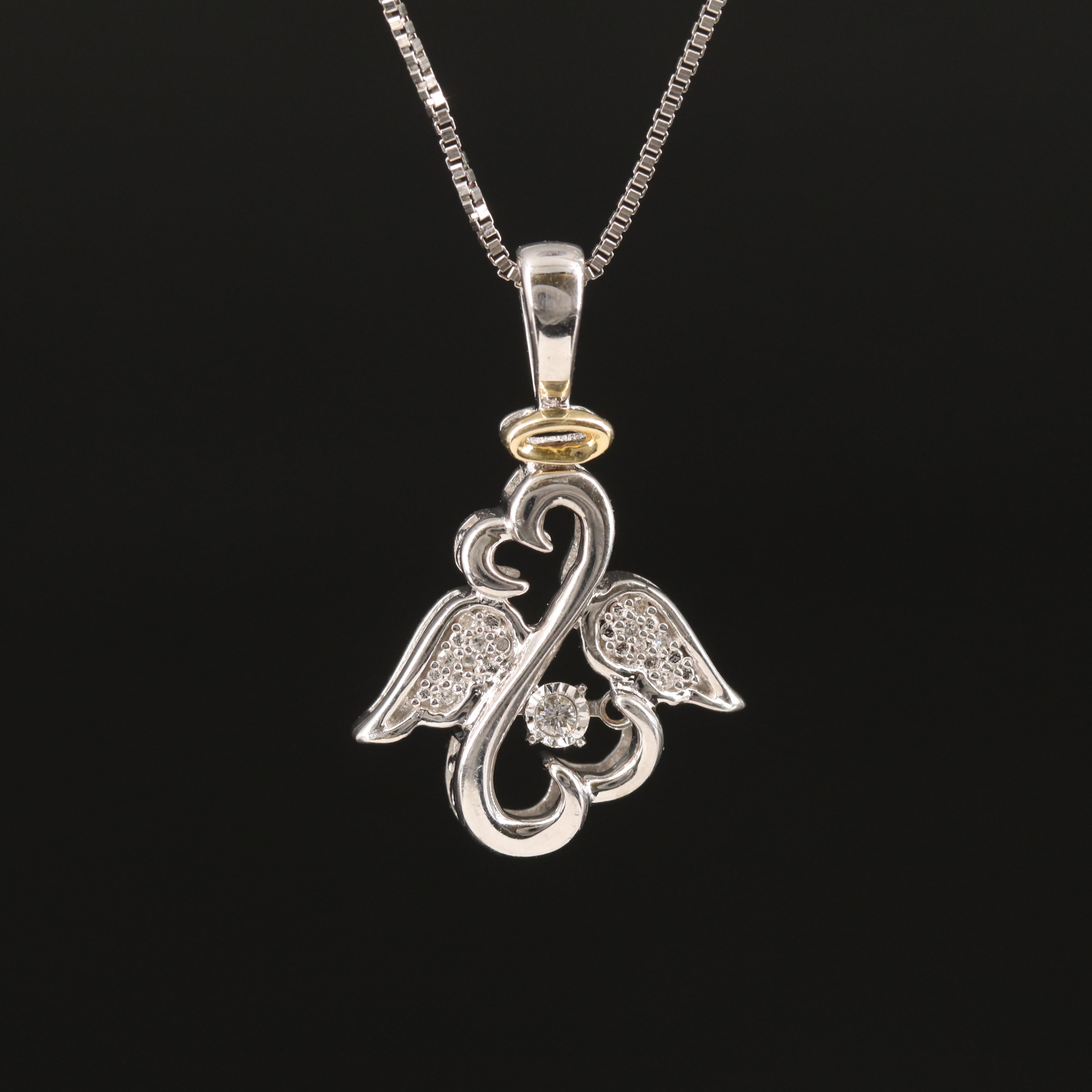 Sterling Diamond Double Heart with Wings Pendant Necklace with 10K Accent
