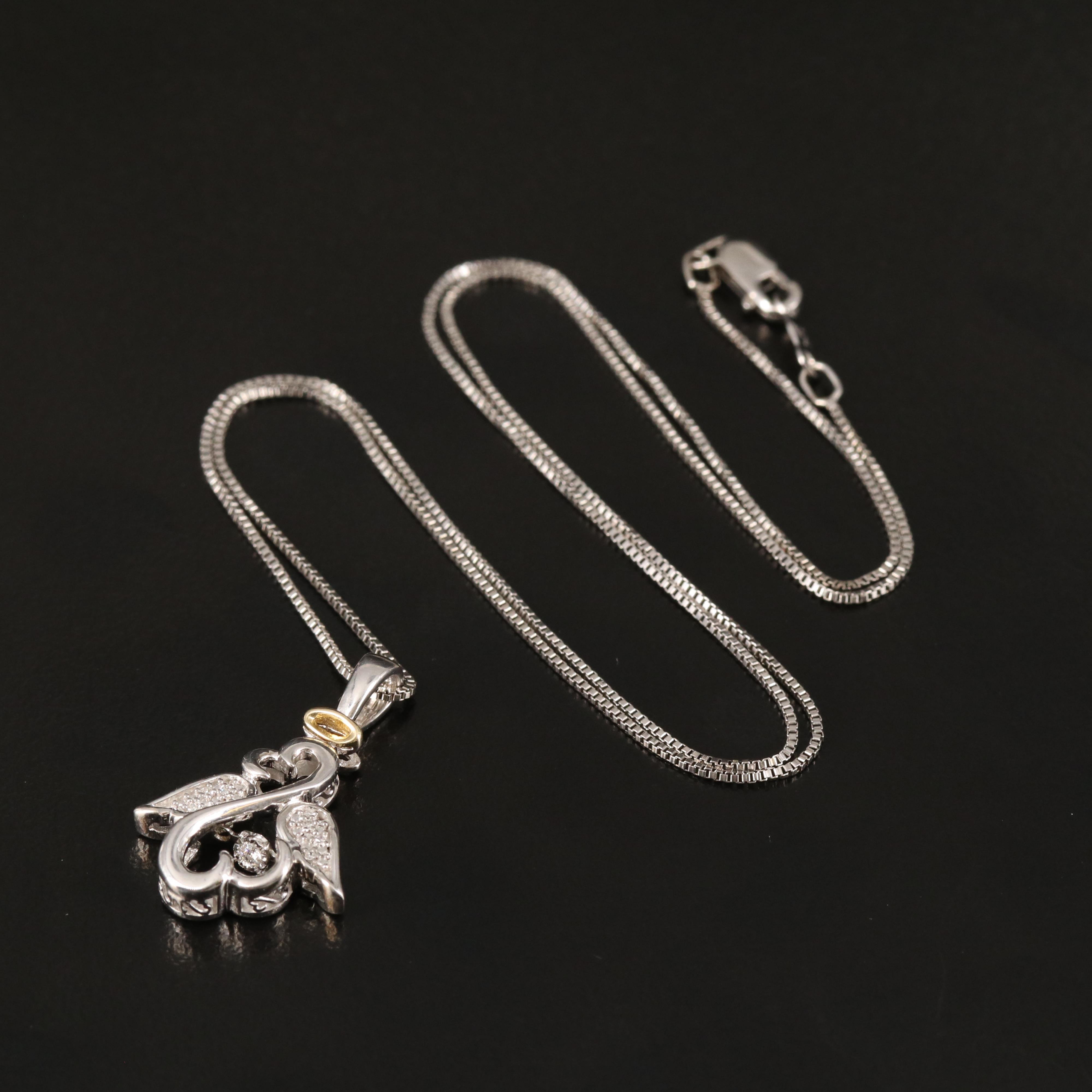 Sterling Diamond Double Heart with Wings Pendant Necklace with 10K Accent