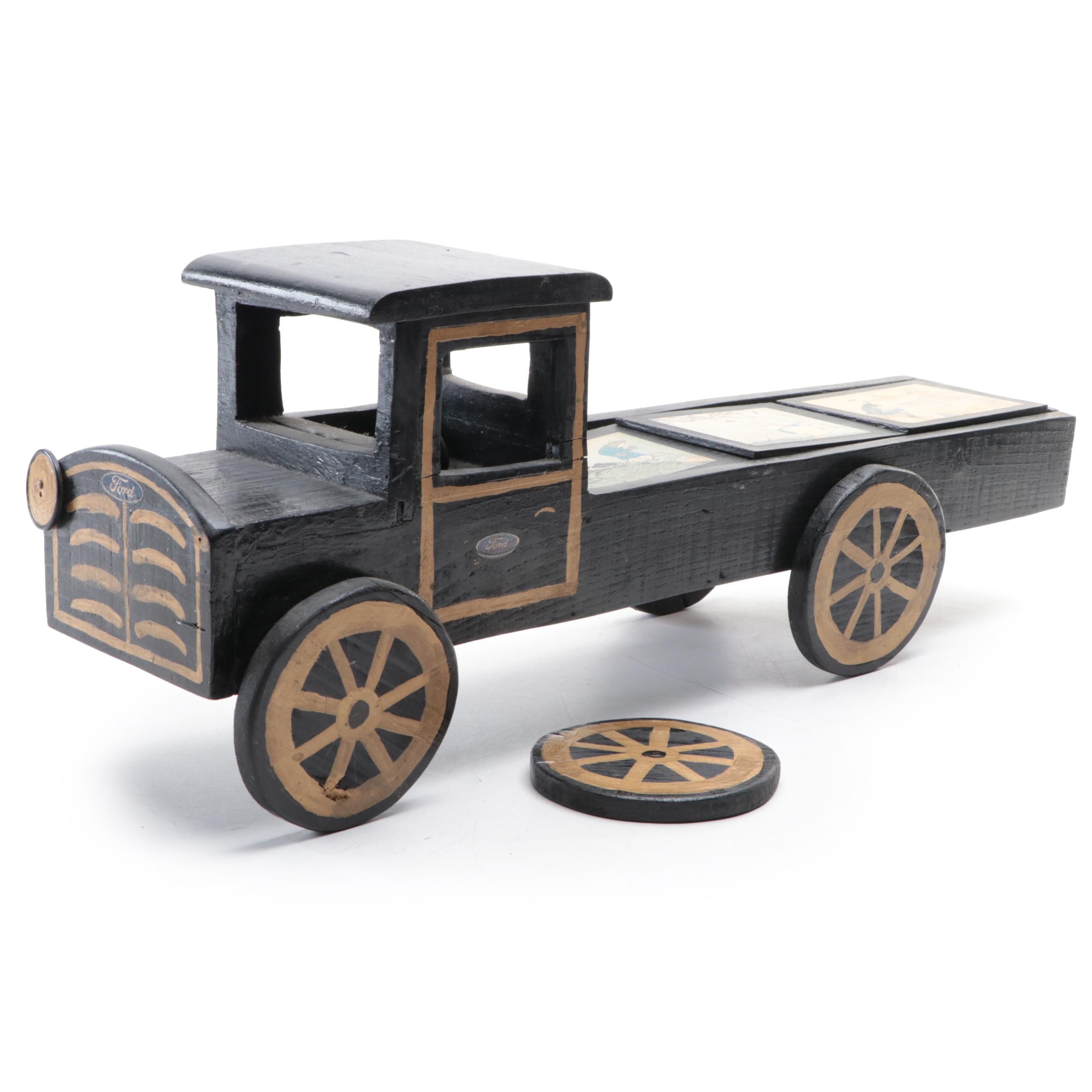 Hand-Crafted Wooden Toy Ford Truck with Letter Blocks, Early to Mid-20th Century