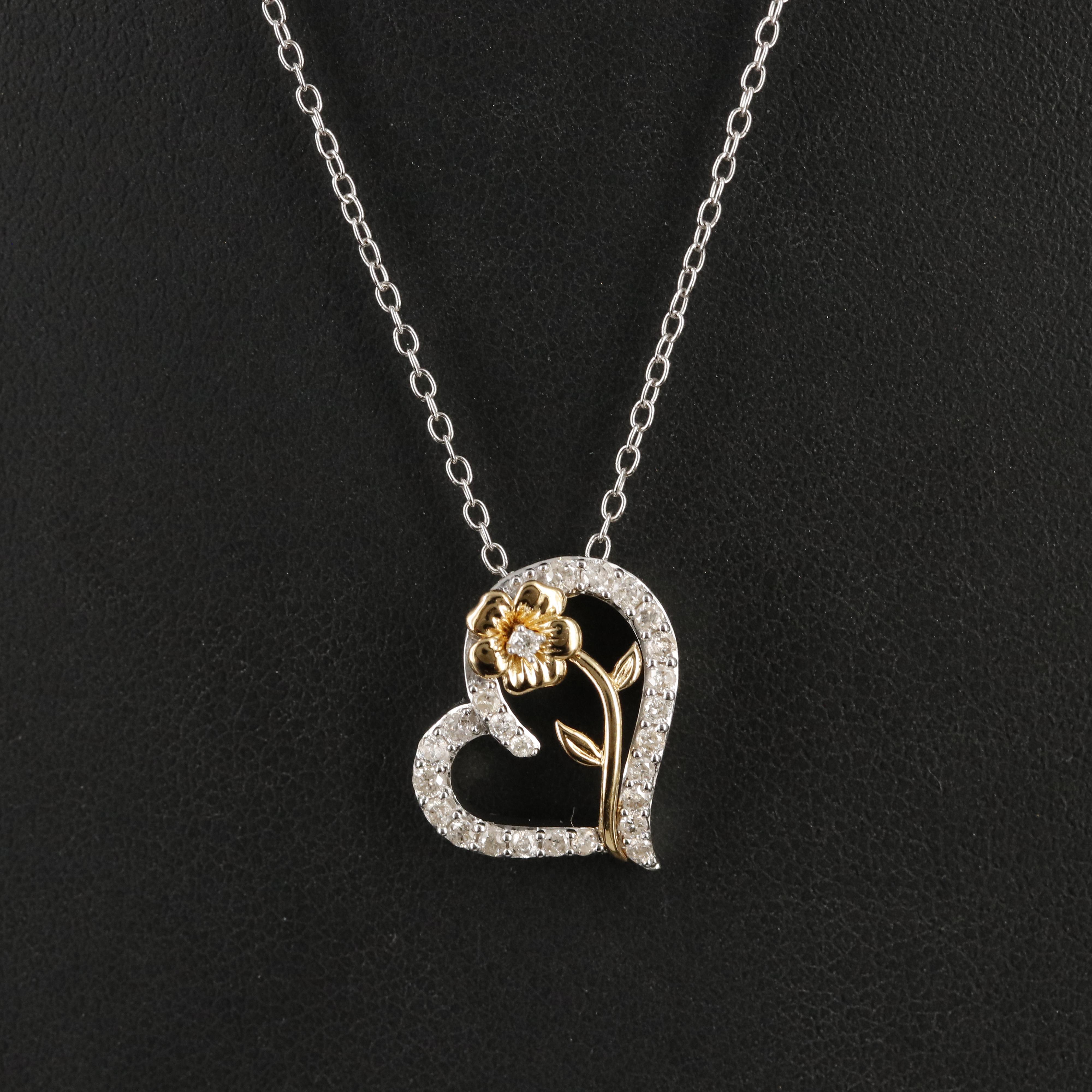 Sterling Diamond Rose Heart Pendant Necklace
