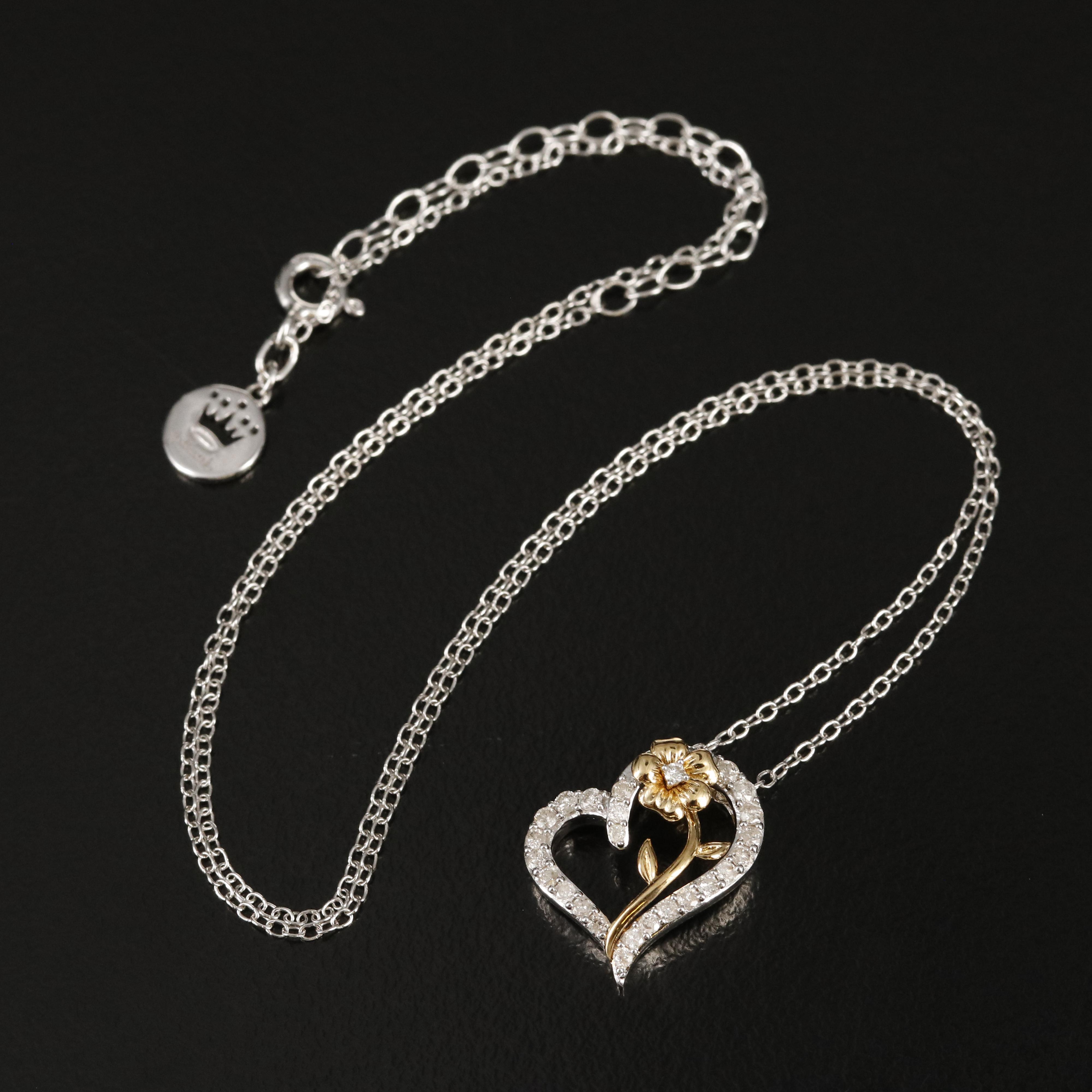 Sterling Diamond Rose Heart Pendant Necklace
