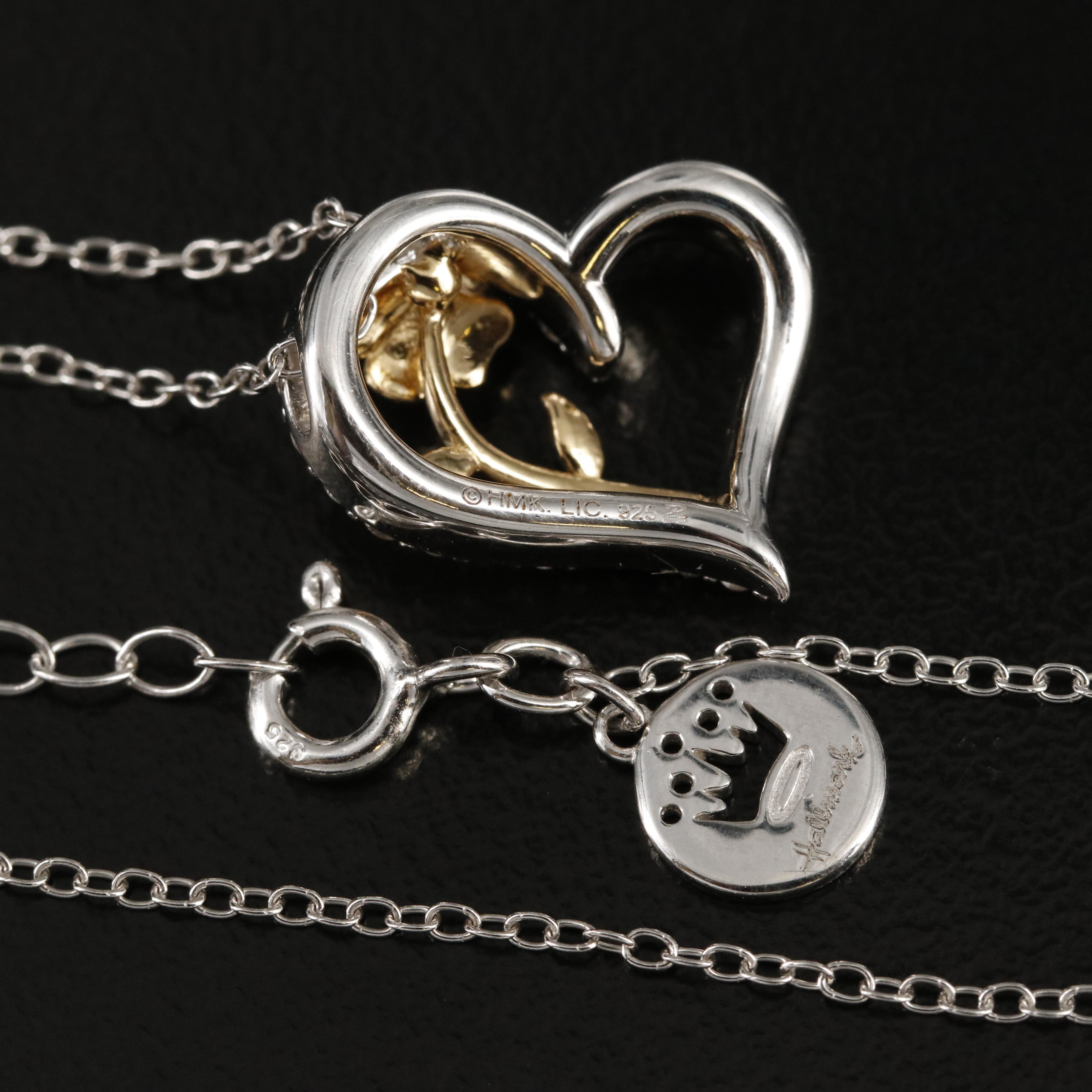 Sterling Diamond Rose Heart Pendant Necklace