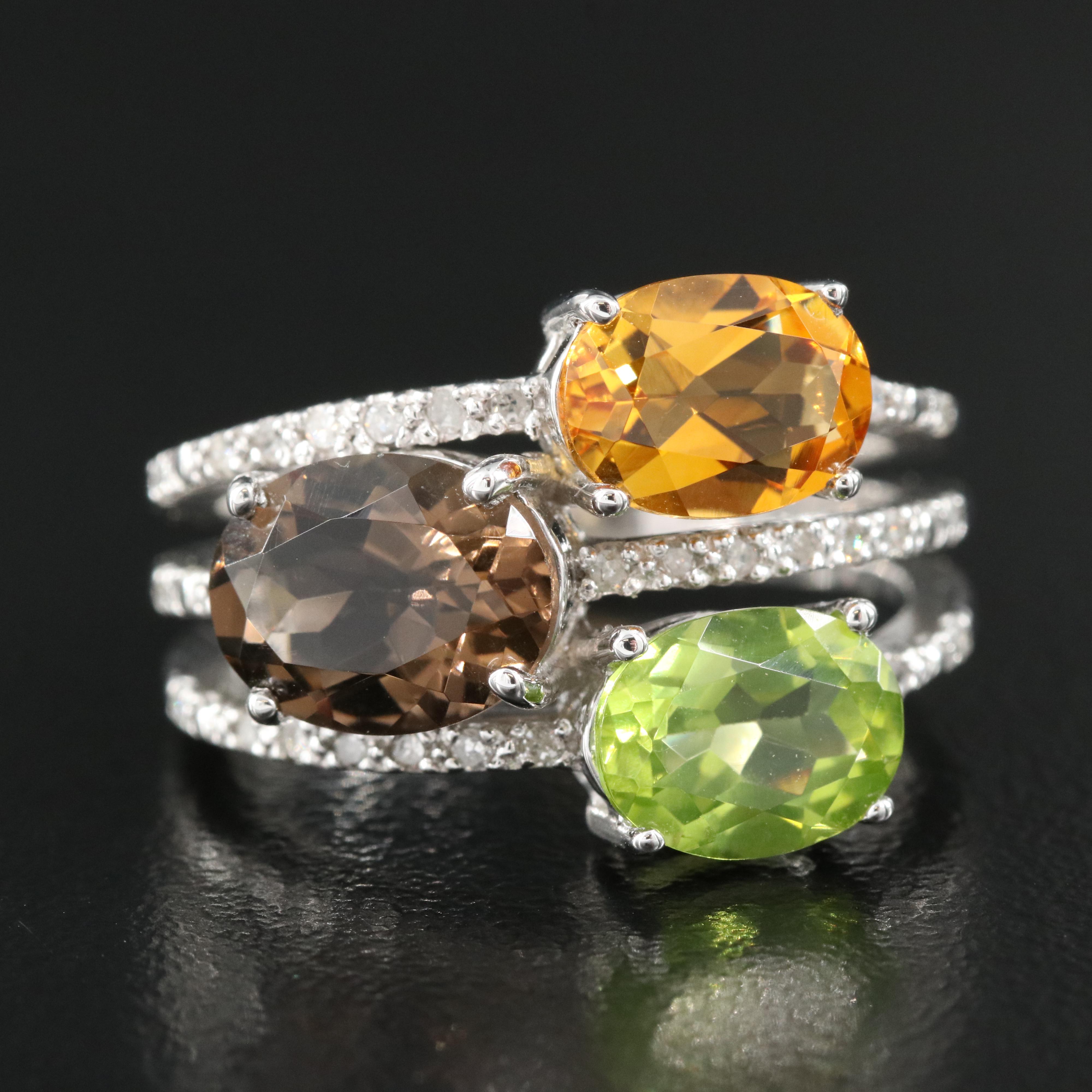 Sterling Ring Including Peridot, Smoky Quartz and Citrine