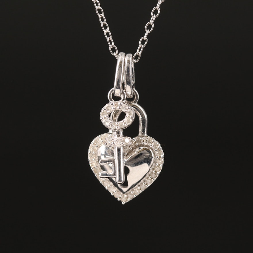 Sterling Diamond Heart Locket and Key Pendant Necklace