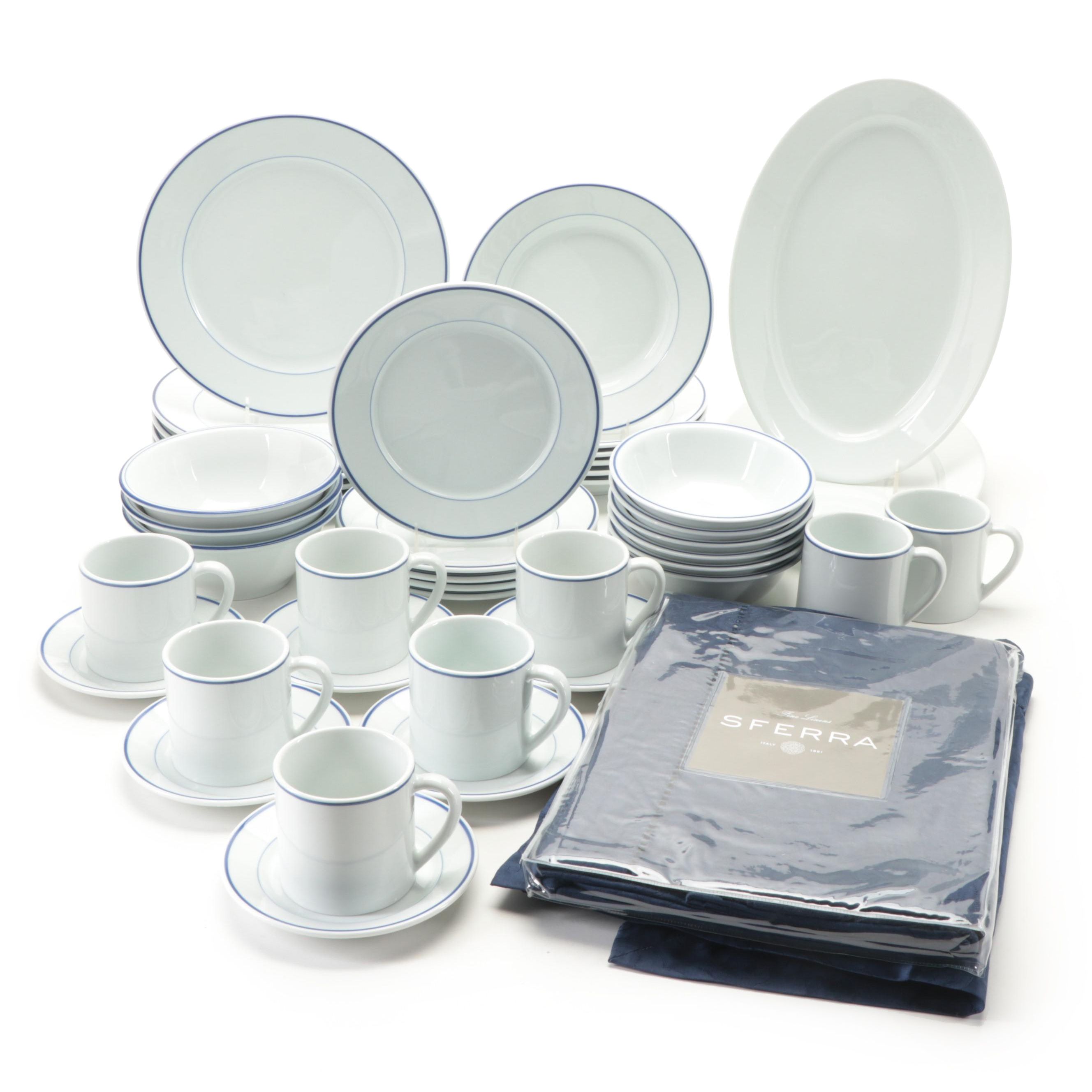 Apilco "Tradition Blue" Porcelain Dinnerware with Sferra "Acanthus" Table Linens