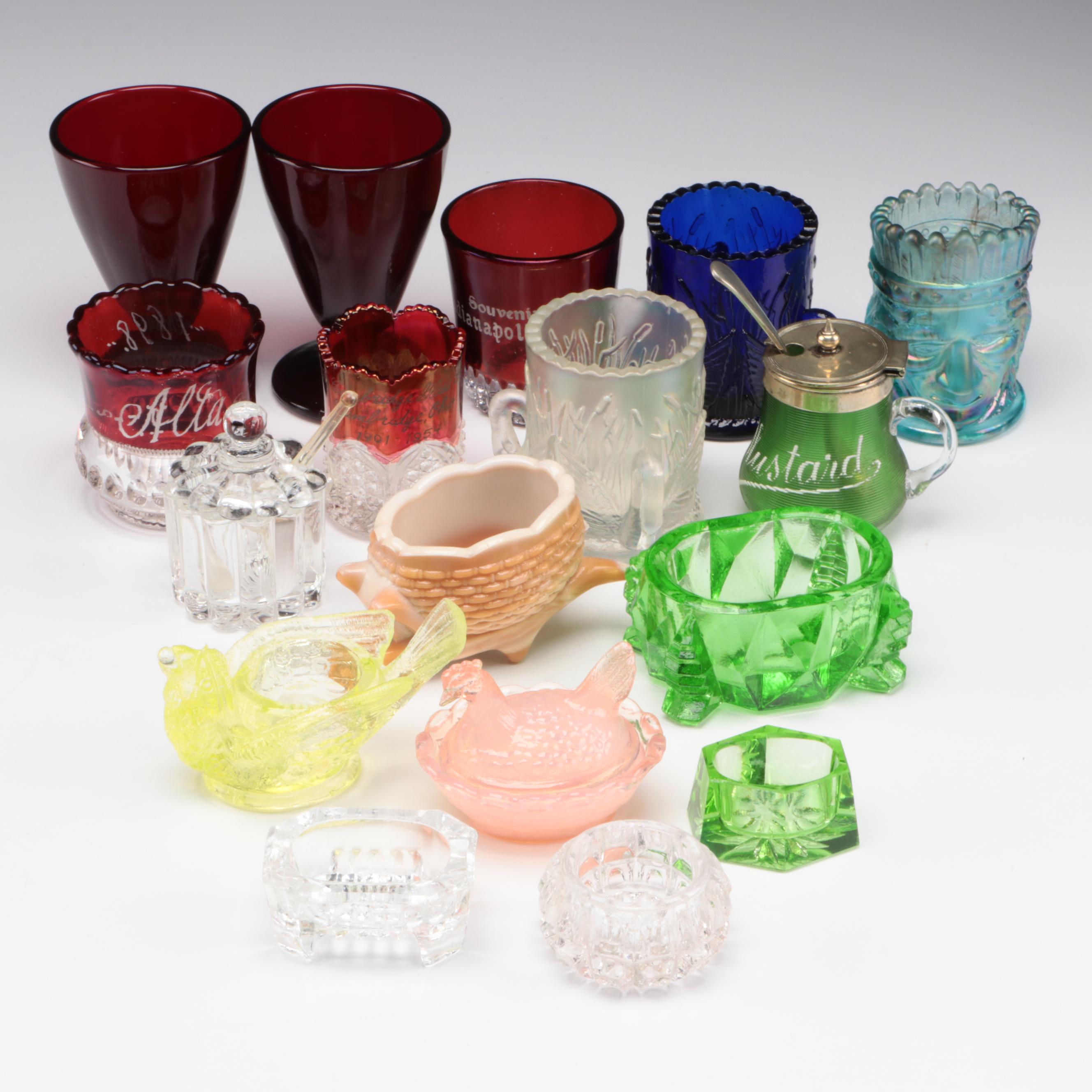 English Victorian Mustard Pot with Westmoreland and Other Glass Tableware