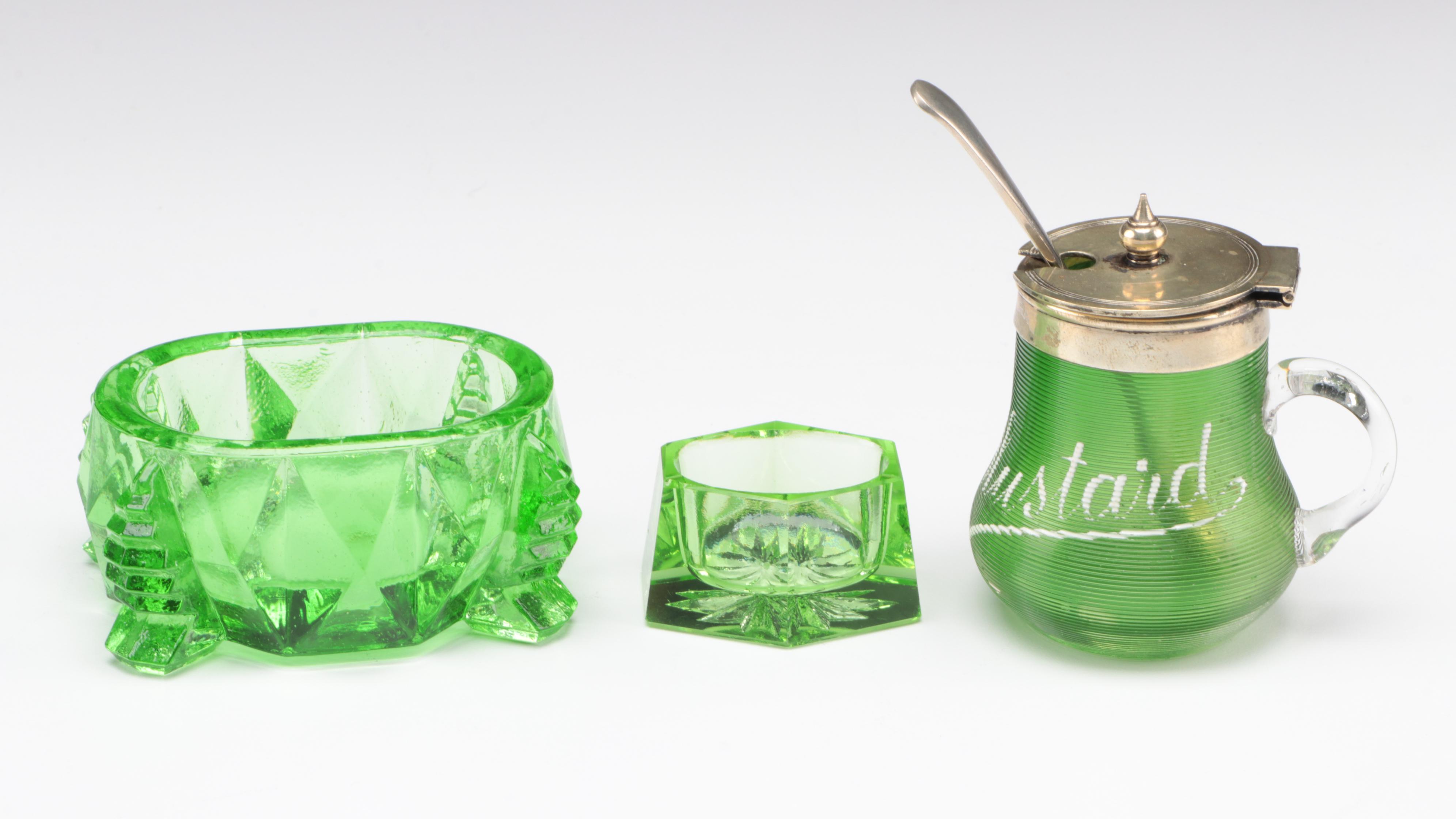 English Victorian Mustard Pot with Westmoreland and Other Glass Tableware