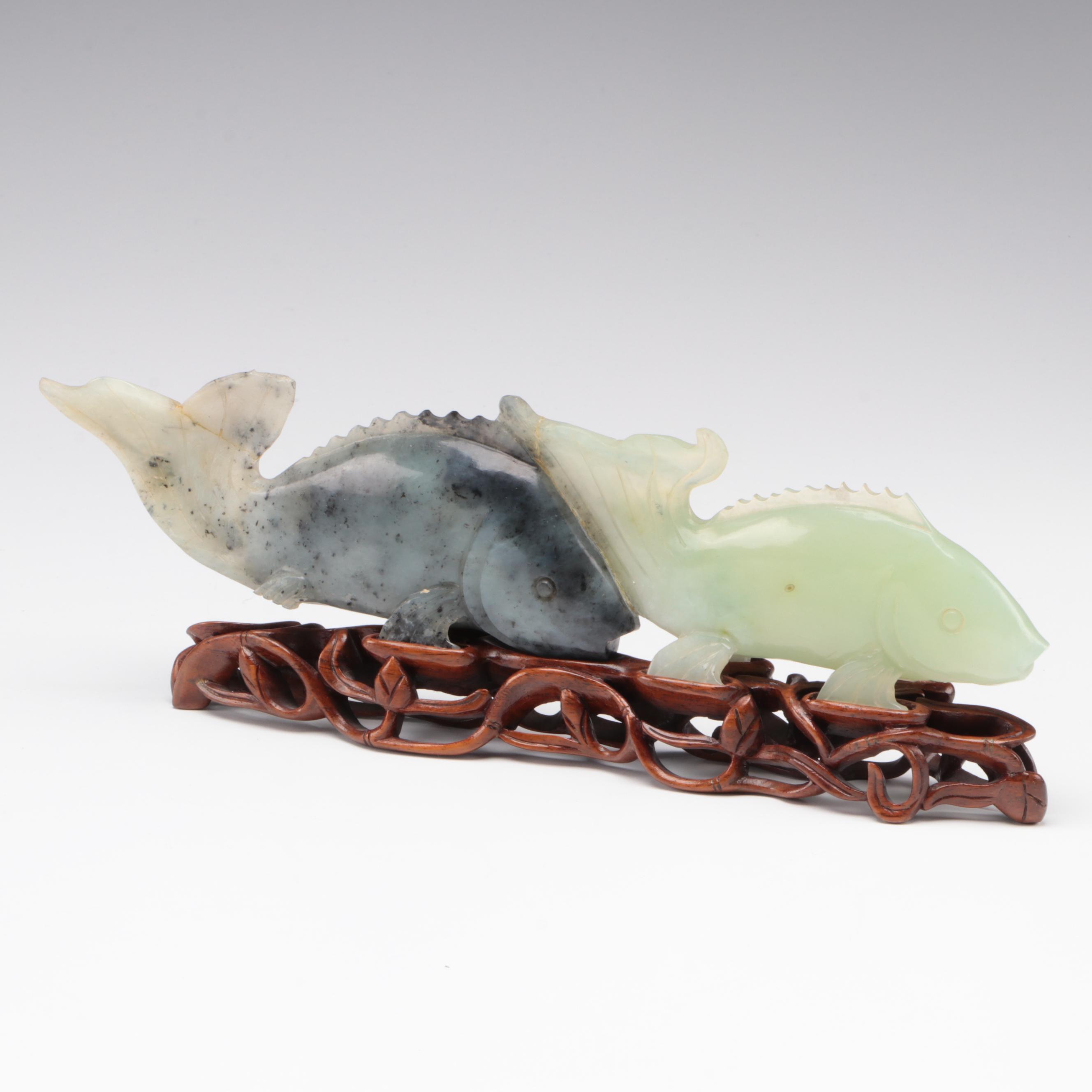 Chinese Carved Serpentine Fish Figurine on Carved Wood Base