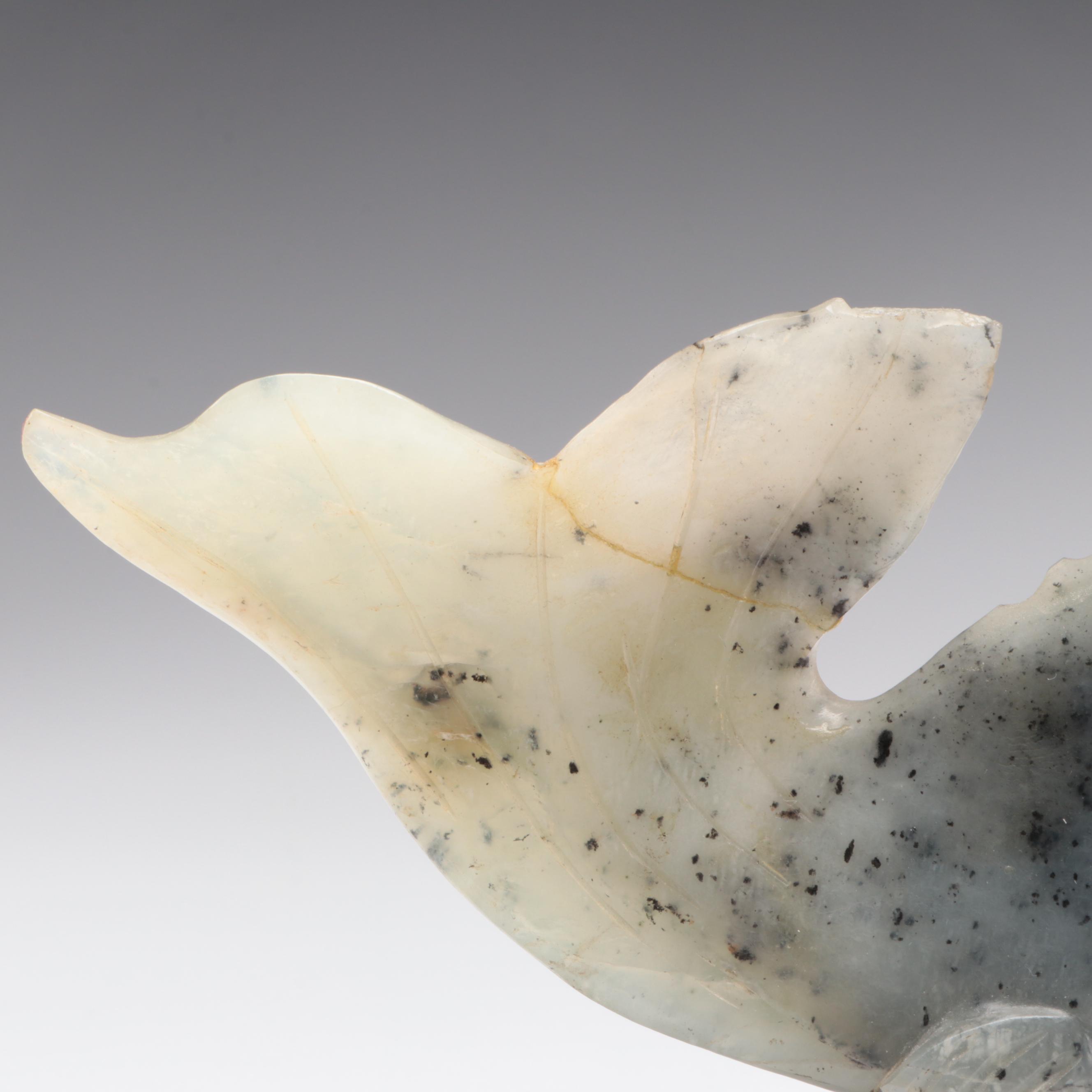 Chinese Carved Serpentine Fish Figurine on Carved Wood Base