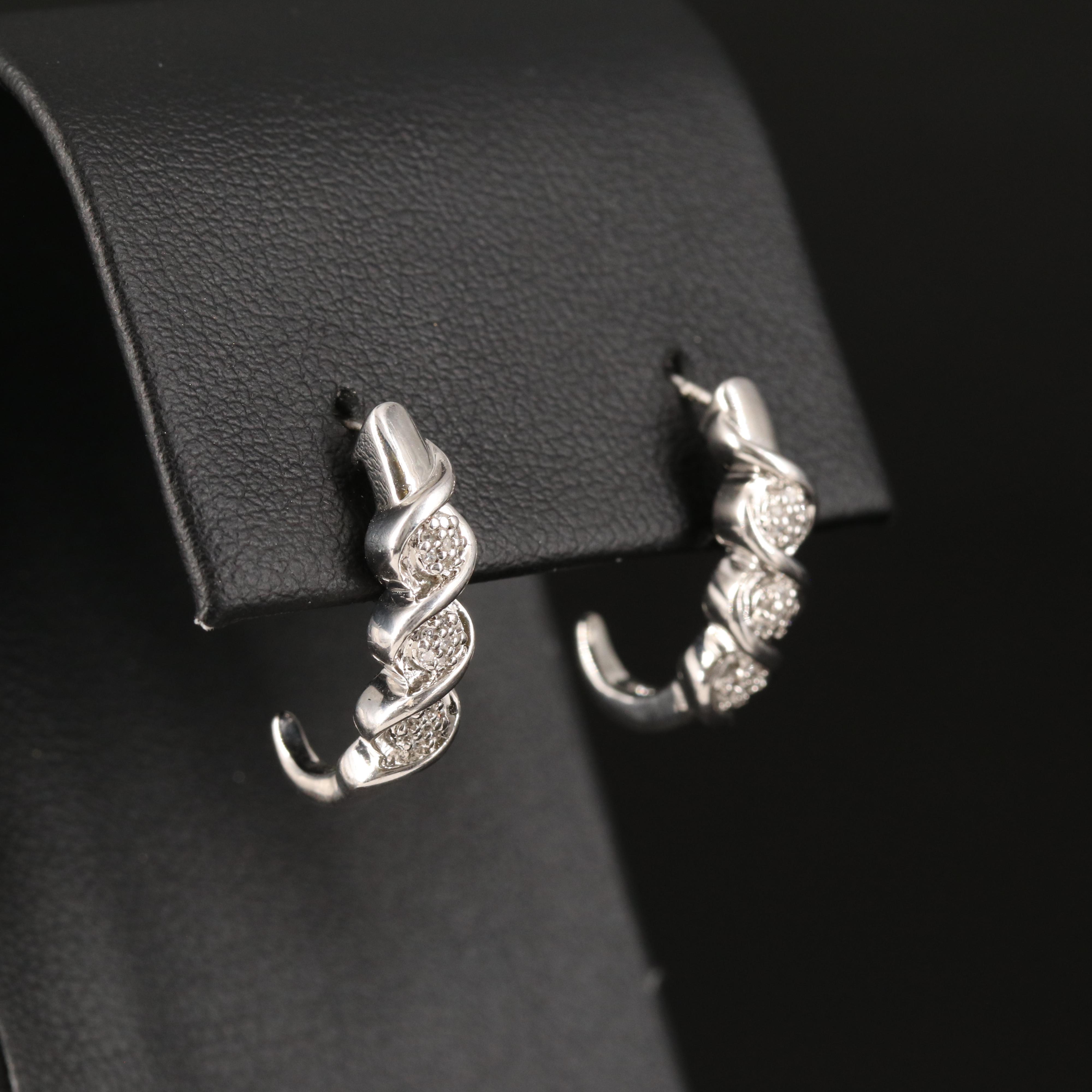 Sterling Diamond J Hoop Earrings