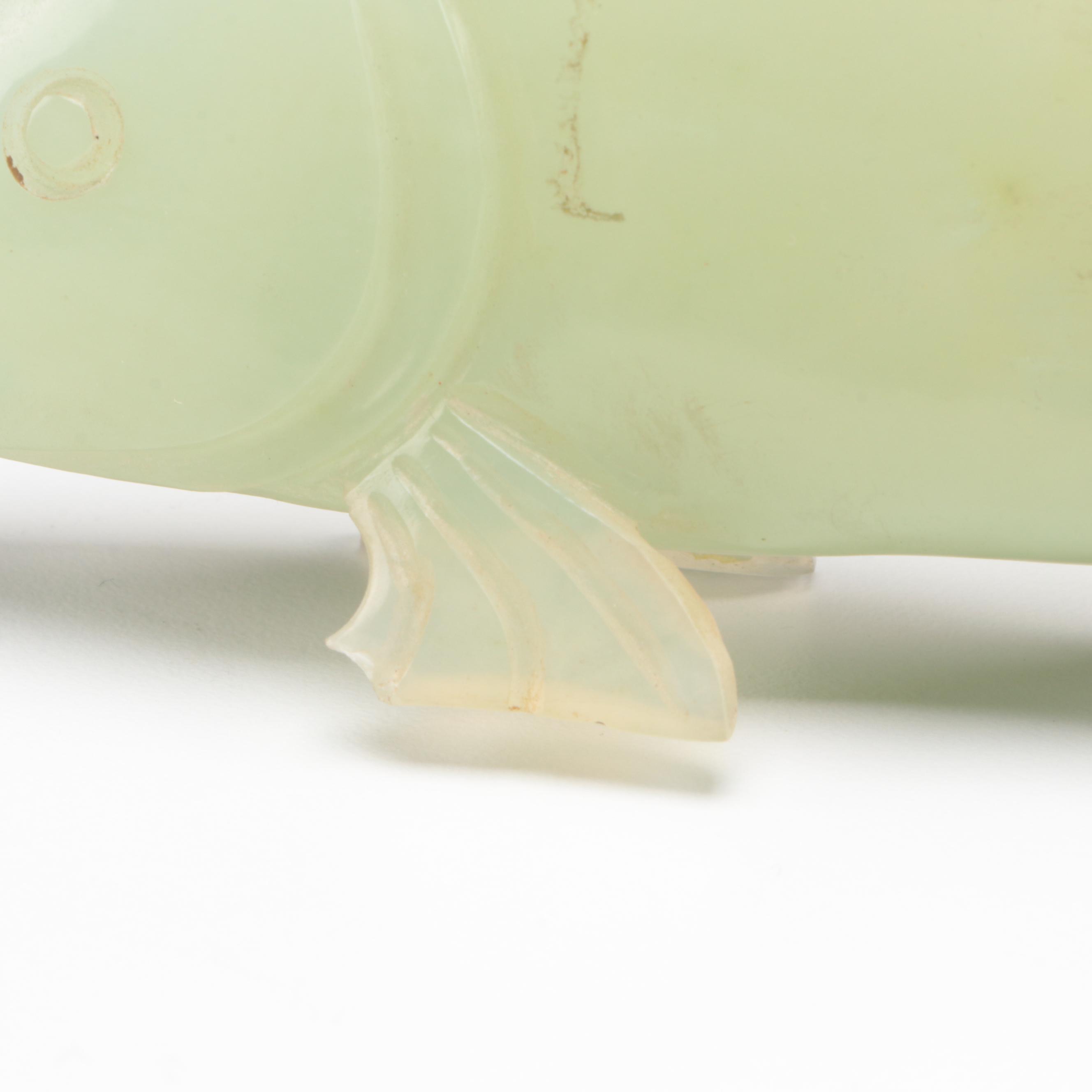 Chinese Carved Serpentine Fish Figurine on Carved Wood Base