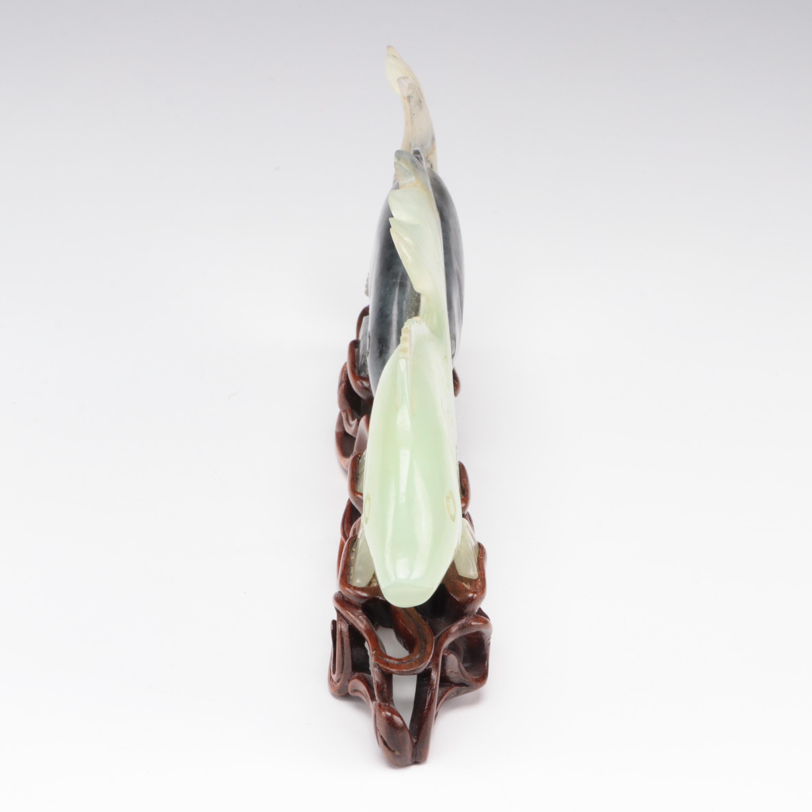 Chinese Carved Serpentine Fish Figurine on Carved Wood Base