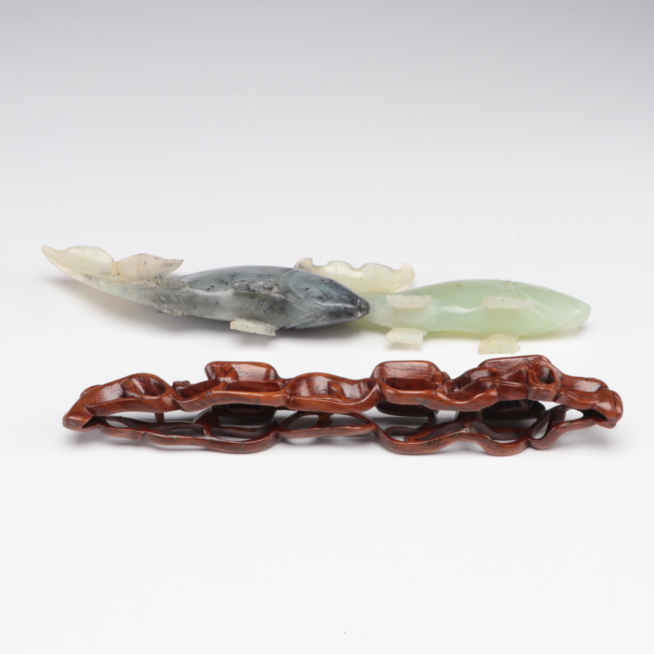 Chinese Carved Serpentine Fish Figurine on Carved Wood Base