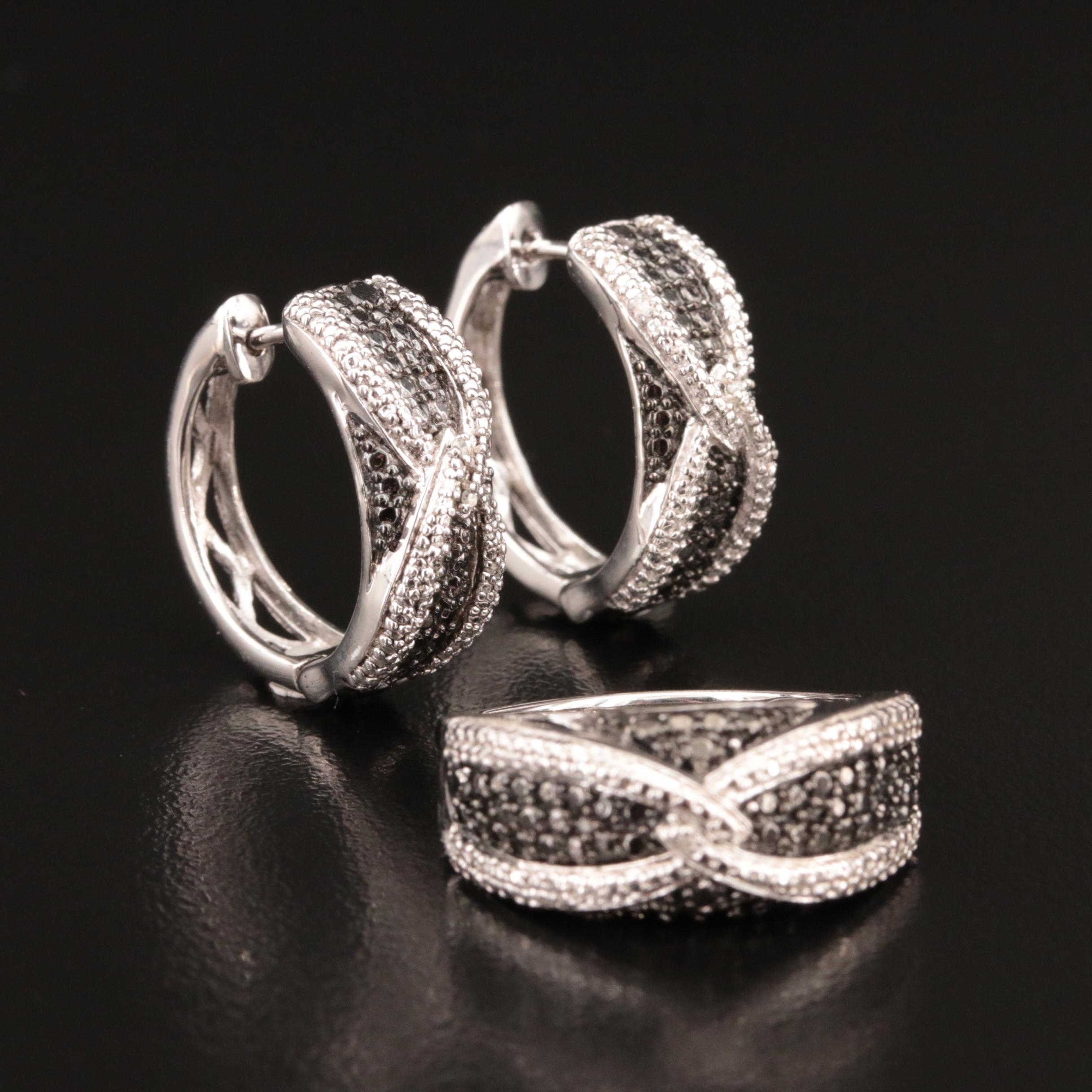 Sterling Diamond Interlocking Diamond Ring and Hoop Earrings
