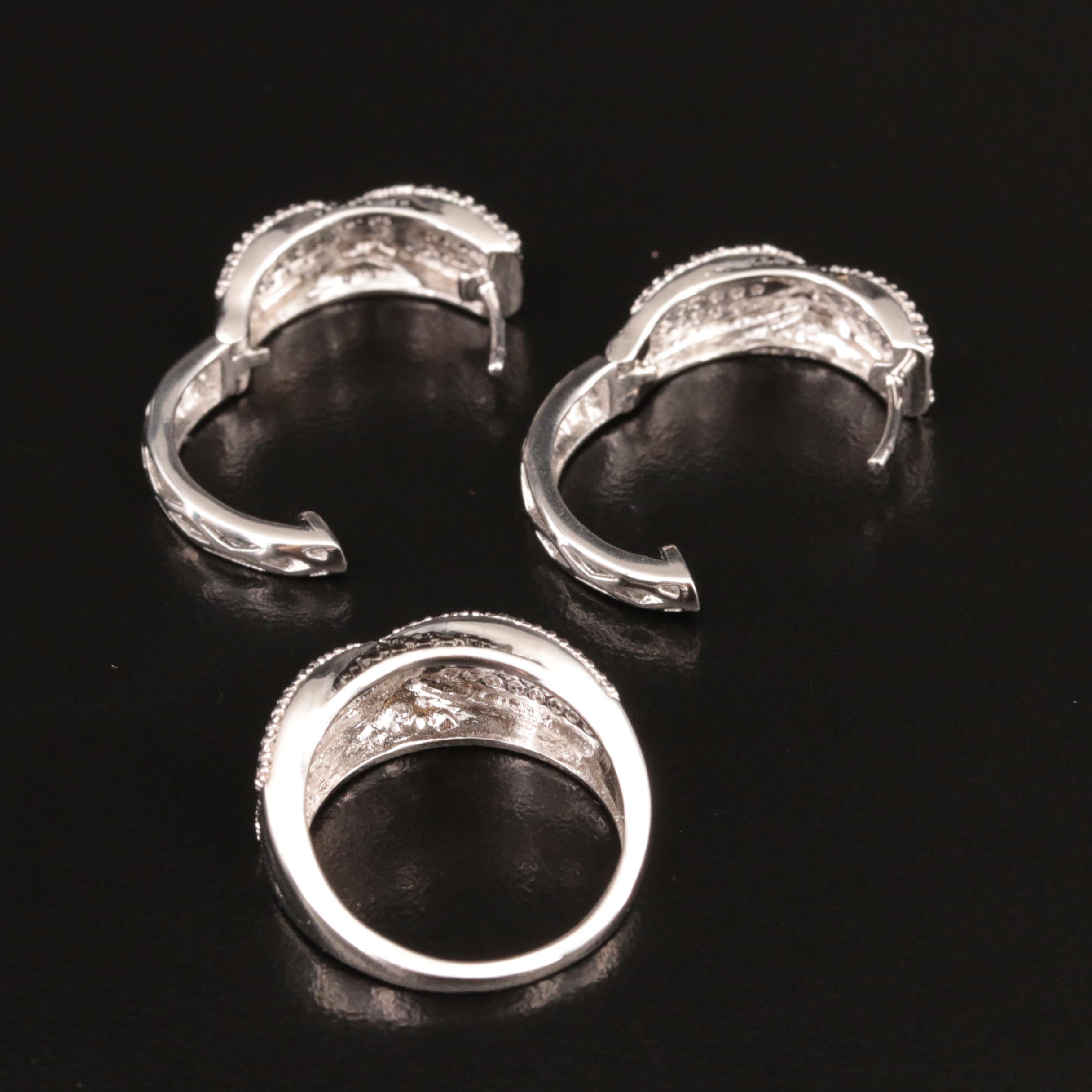 Sterling Diamond Interlocking Diamond Ring and Hoop Earrings