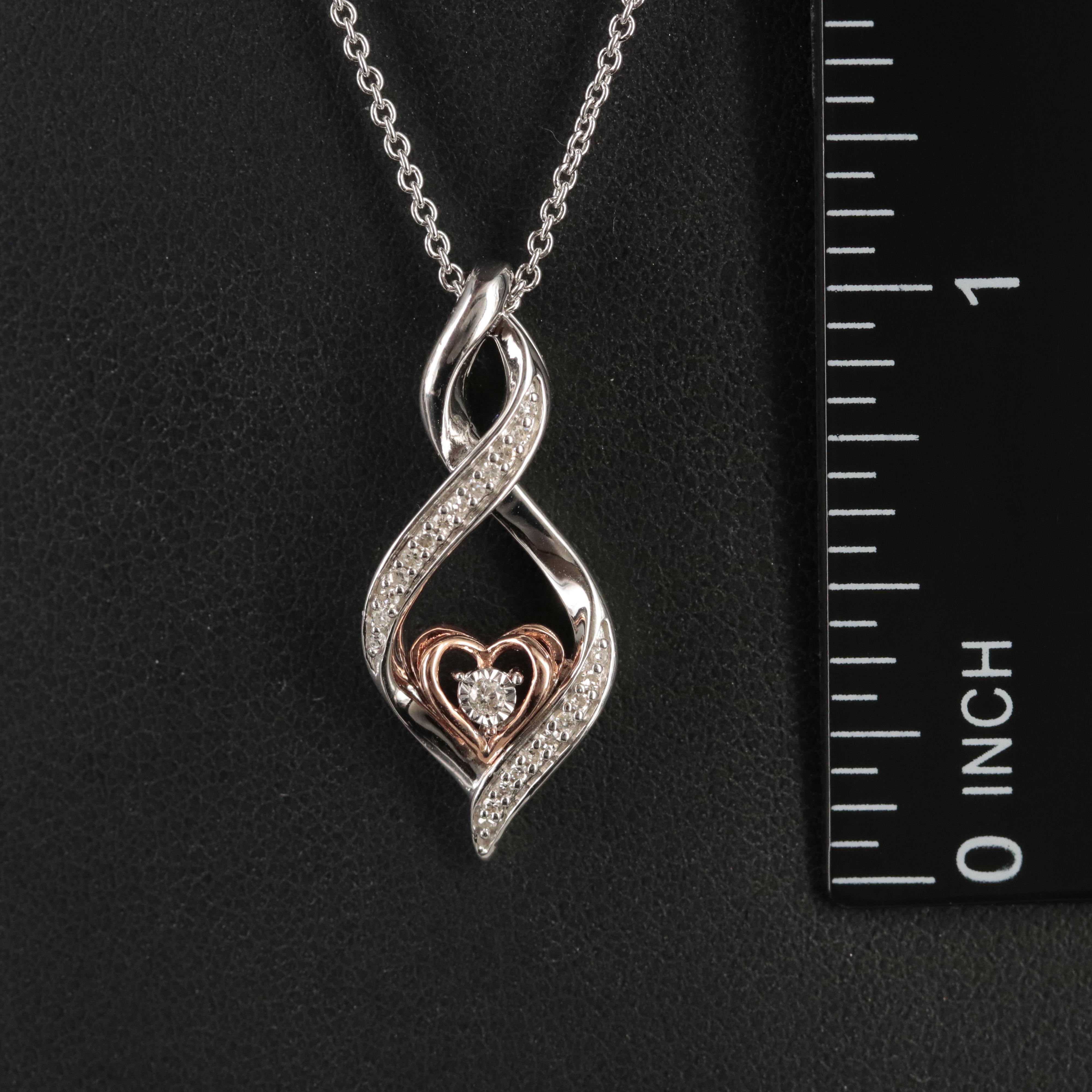 Sterling Diamond Infinity Pendant Necklace with 10K Rose Gold Heart Accent