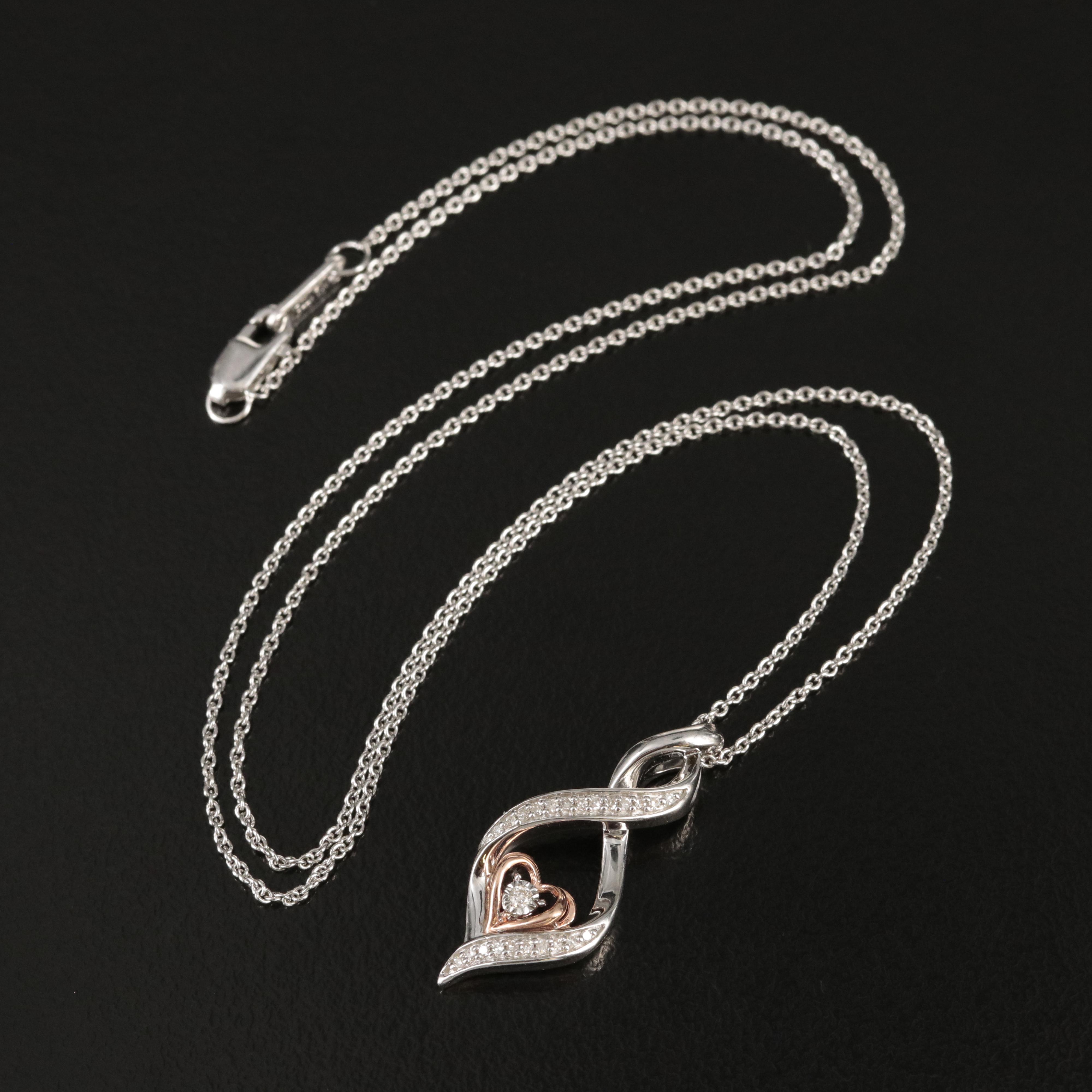 Sterling Diamond Infinity Pendant Necklace with 10K Rose Gold Heart Accent