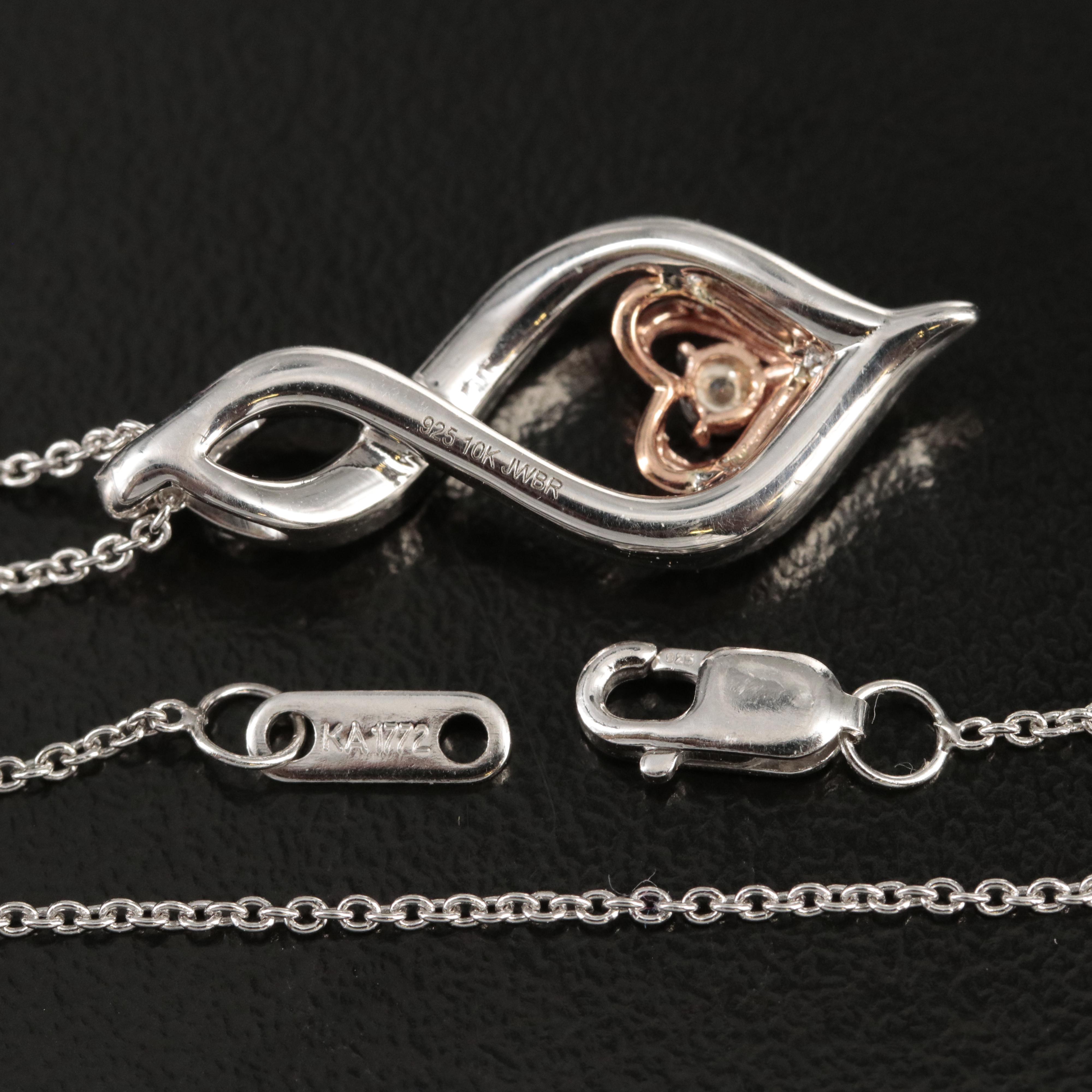 Sterling Diamond Infinity Pendant Necklace with 10K Rose Gold Heart Accent