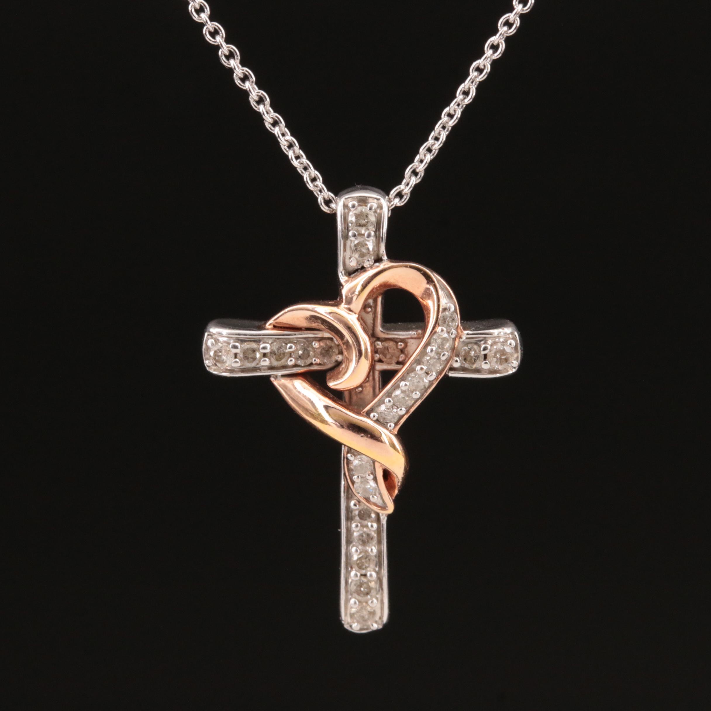 Sterling Diamond Cross Pendant Necklace with 10K Rose Gold Heart Accent