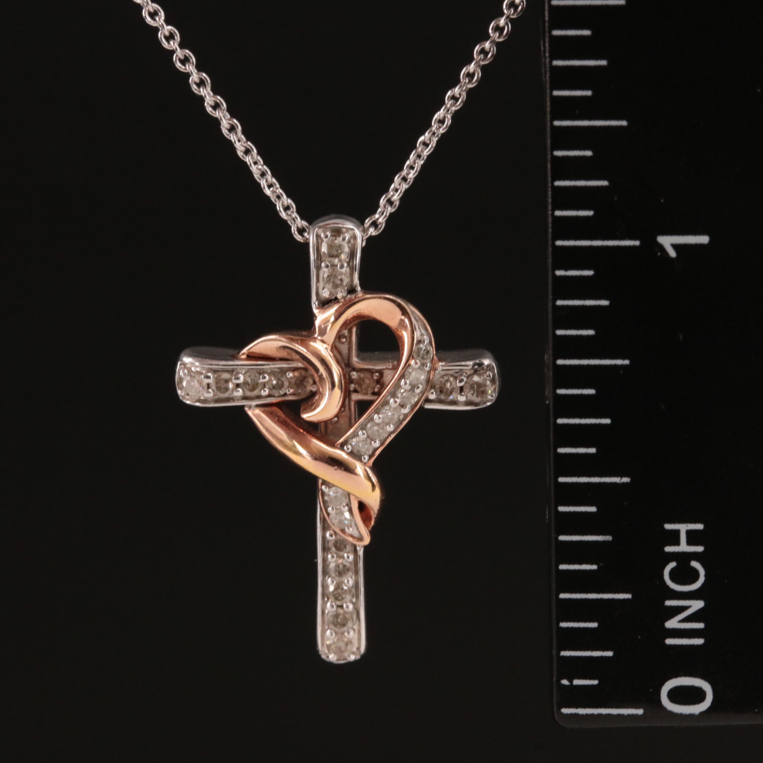 Sterling Diamond Cross Pendant Necklace with 10K Rose Gold Heart Accent