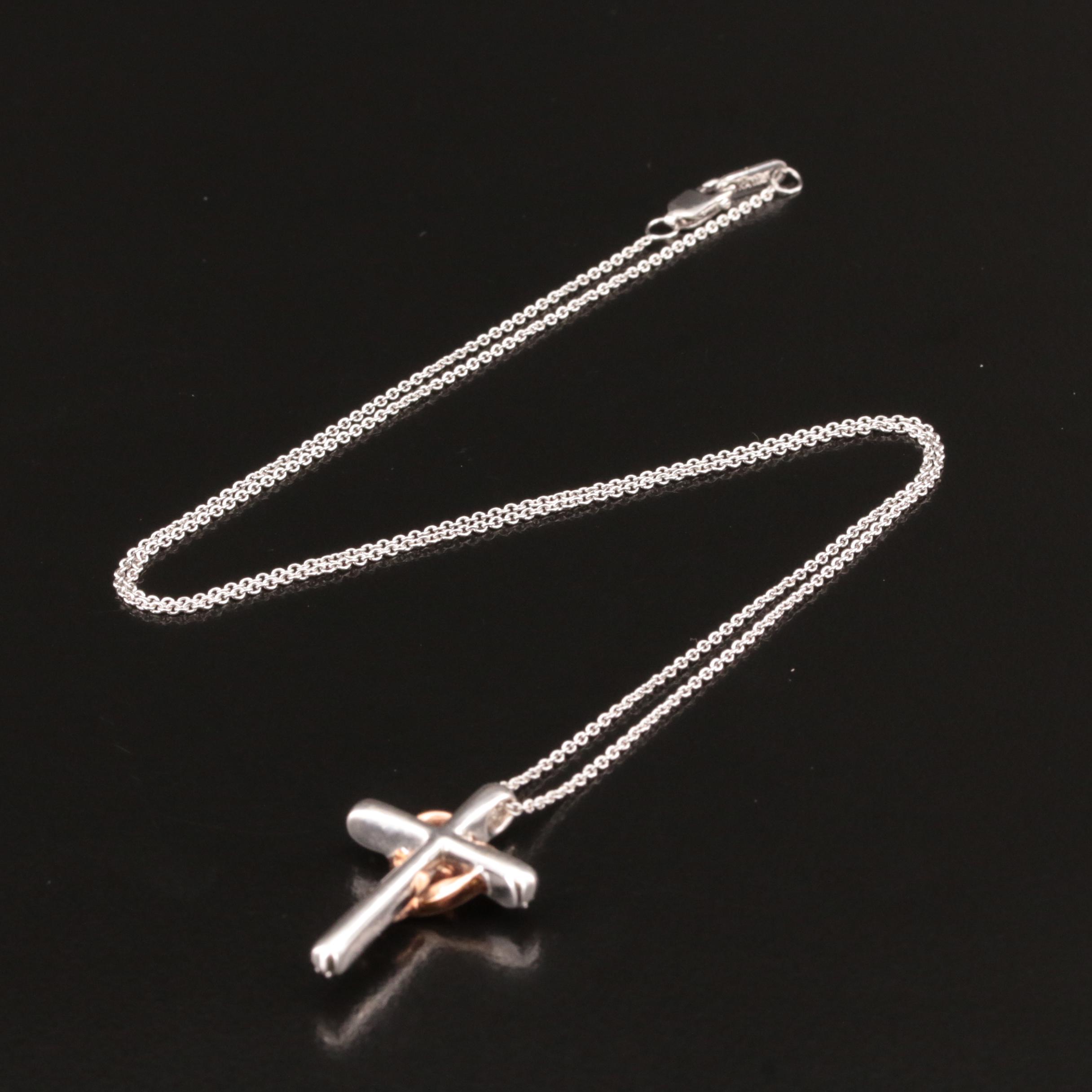 Sterling Diamond Cross Pendant Necklace with 10K Rose Gold Heart Accent