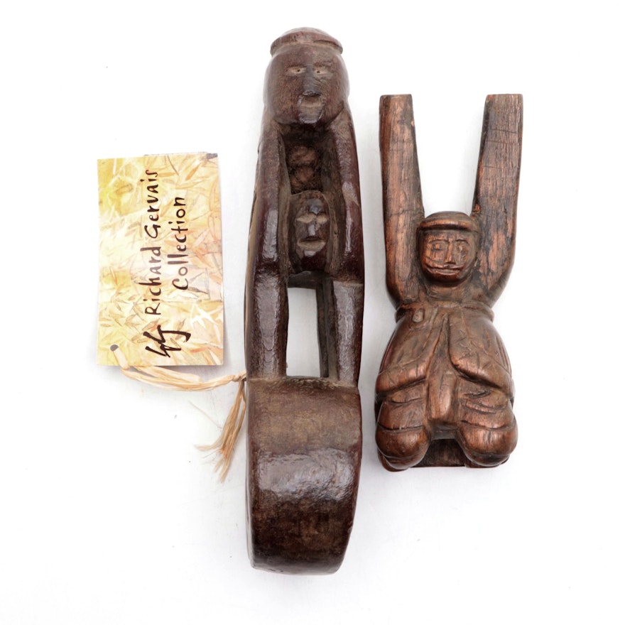 Figural Bhutanese Wood Ghurra and Burmese Wood Slingshot