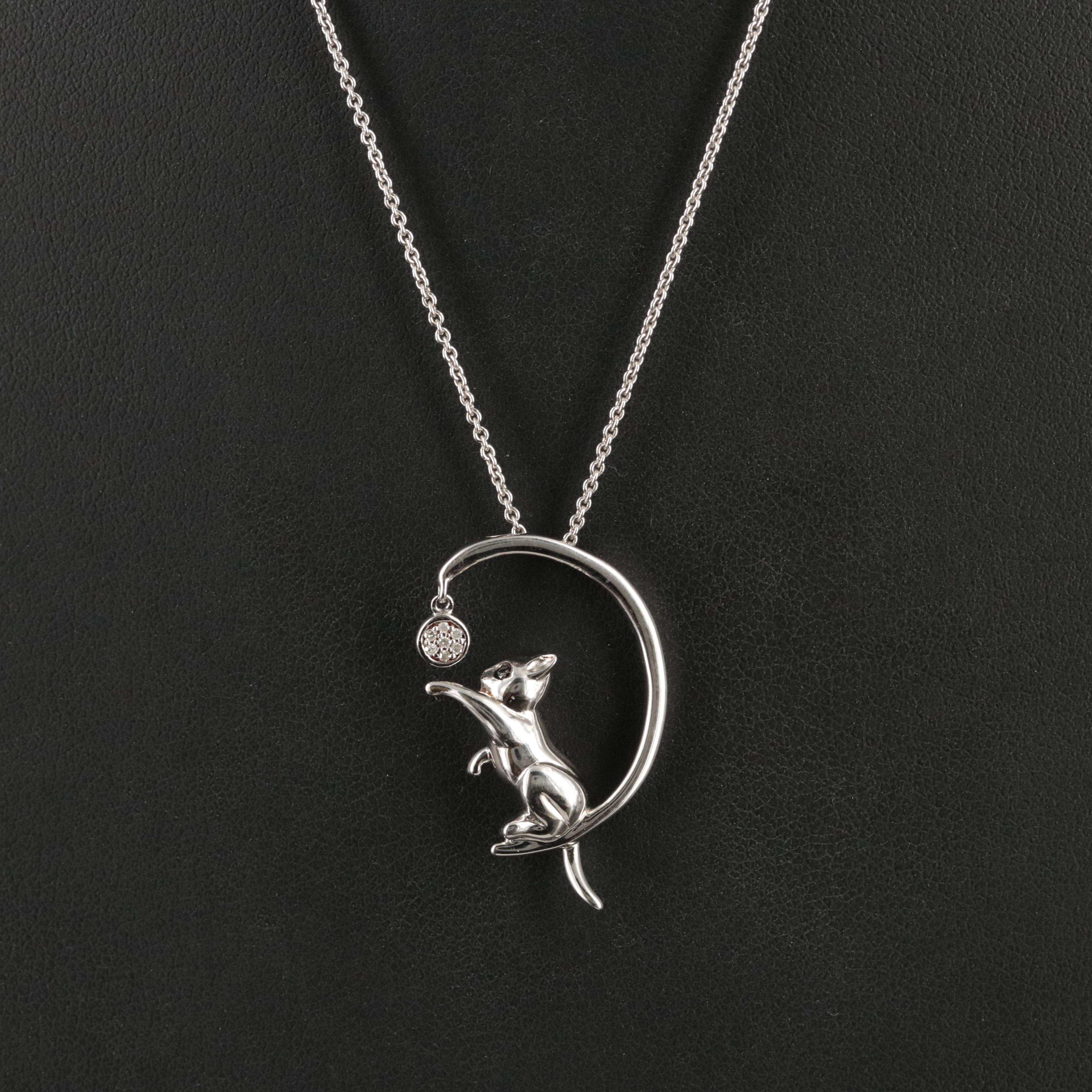 Sterling Diamond Playful Kitten Pendant Necklace