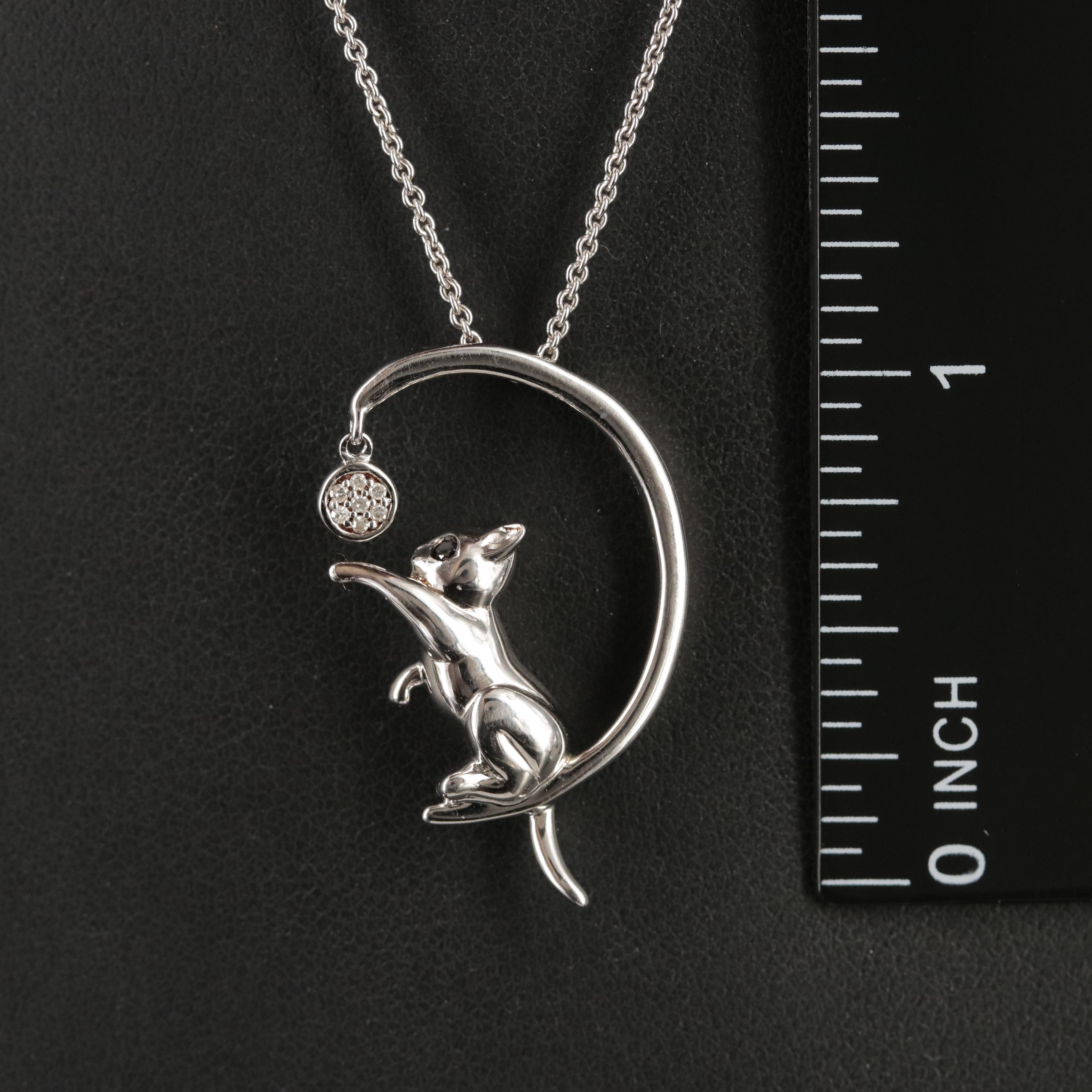 Sterling Diamond Playful Kitten Pendant Necklace