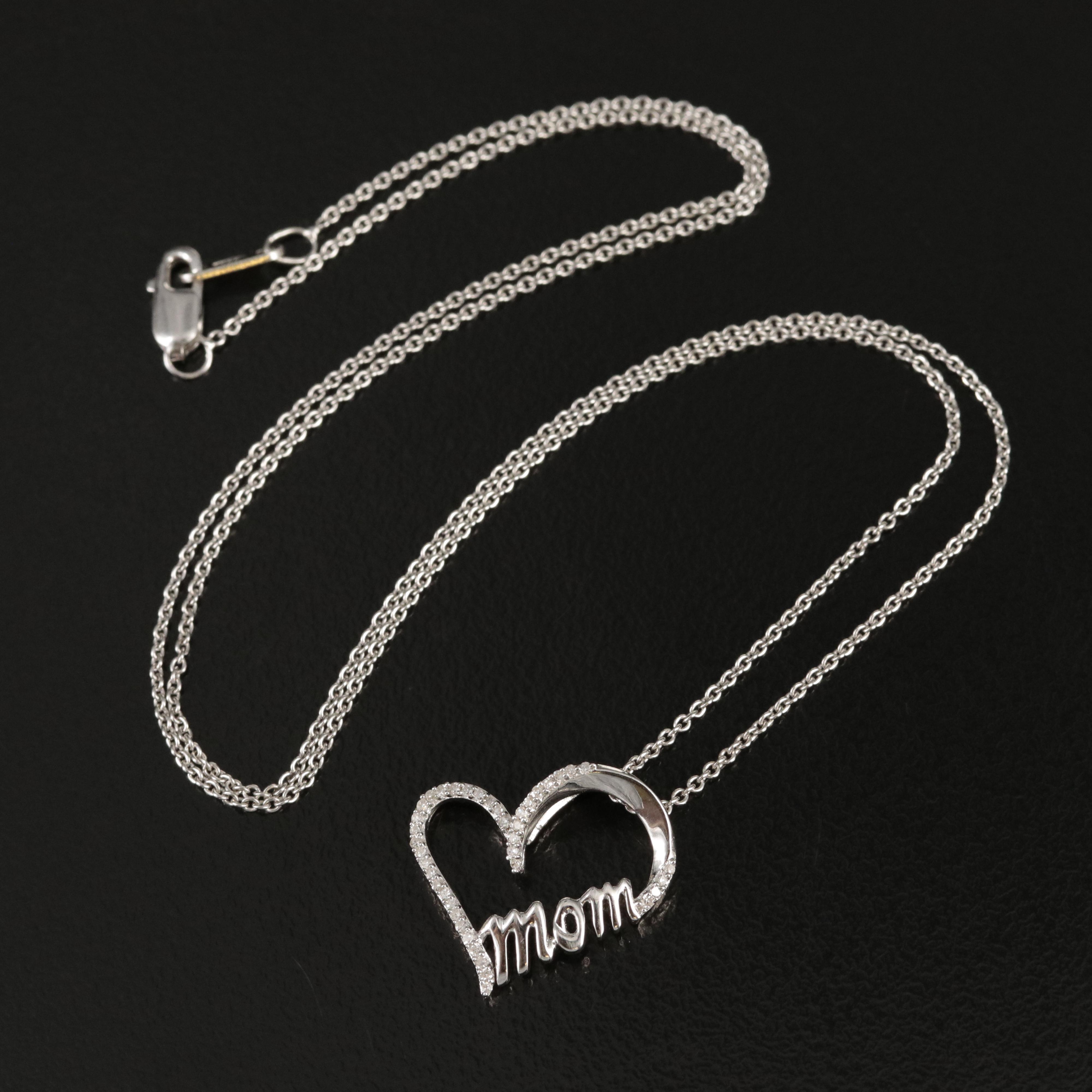 Sterling Diamond "Mom" Heart Pendant Necklace