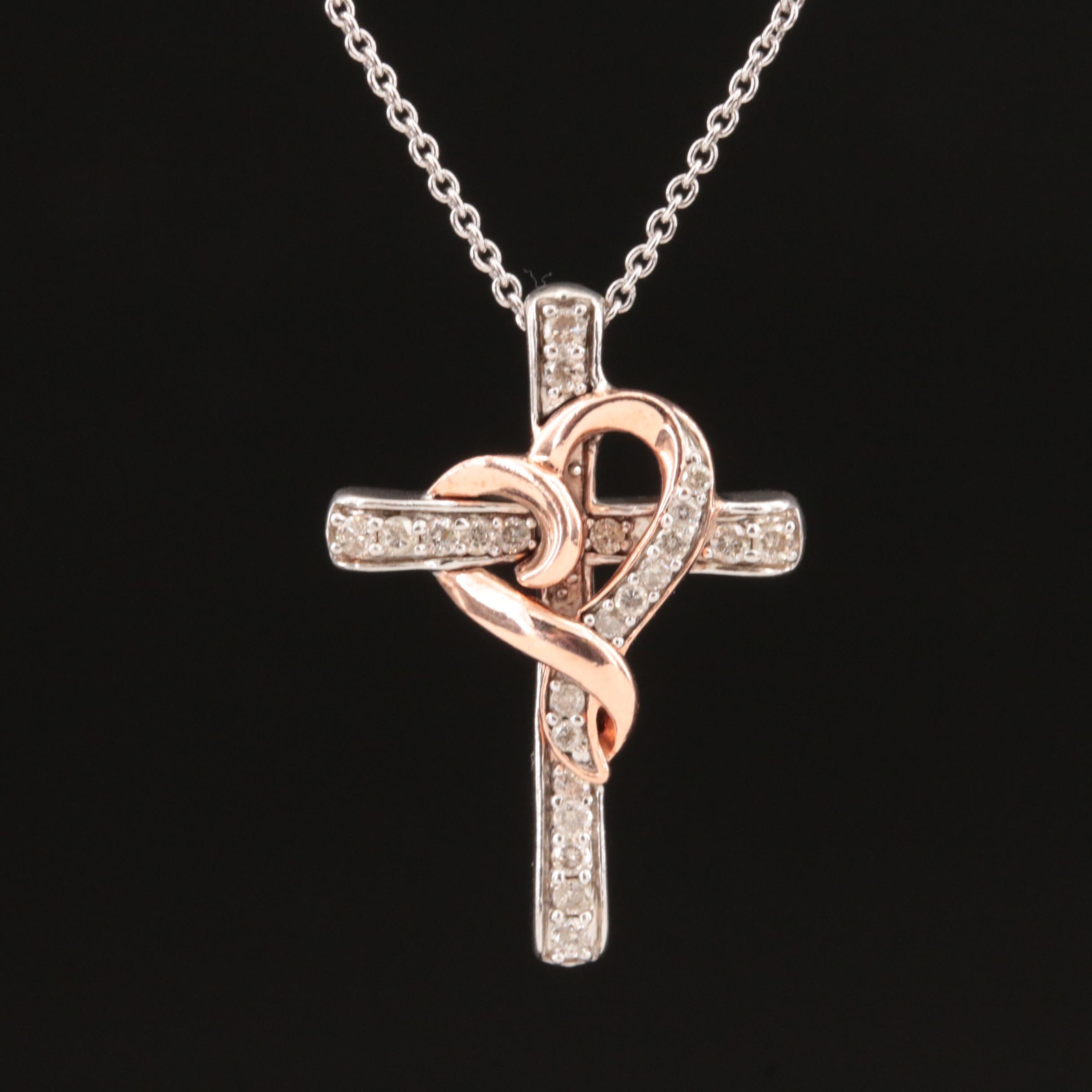 Sterling Diamond Cross and Heart Pendant Necklace with 10K Rose Gold Accent