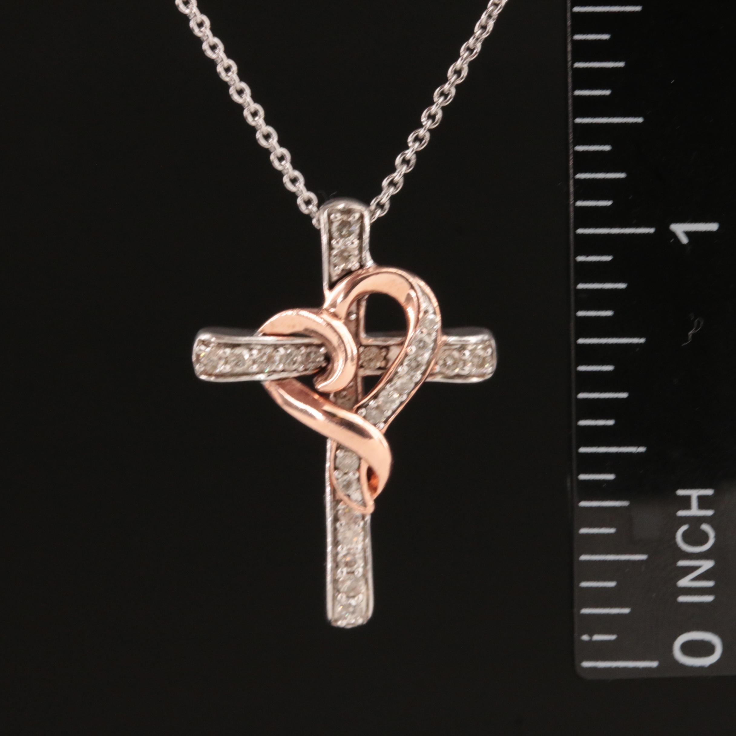 Sterling Diamond Cross and Heart Pendant Necklace with 10K Rose Gold Accent