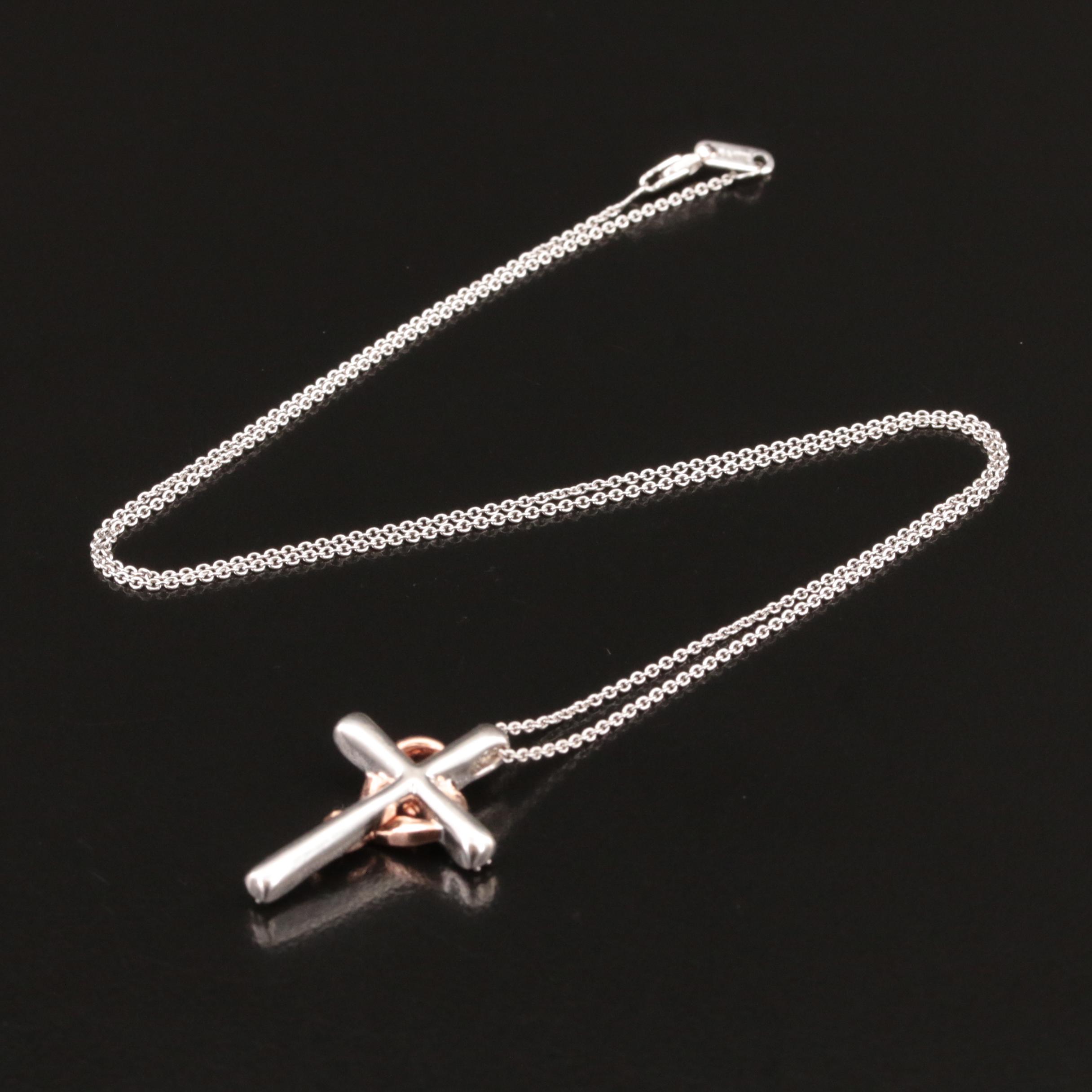 Sterling Diamond Cross and Heart Pendant Necklace with 10K Rose Gold Accent