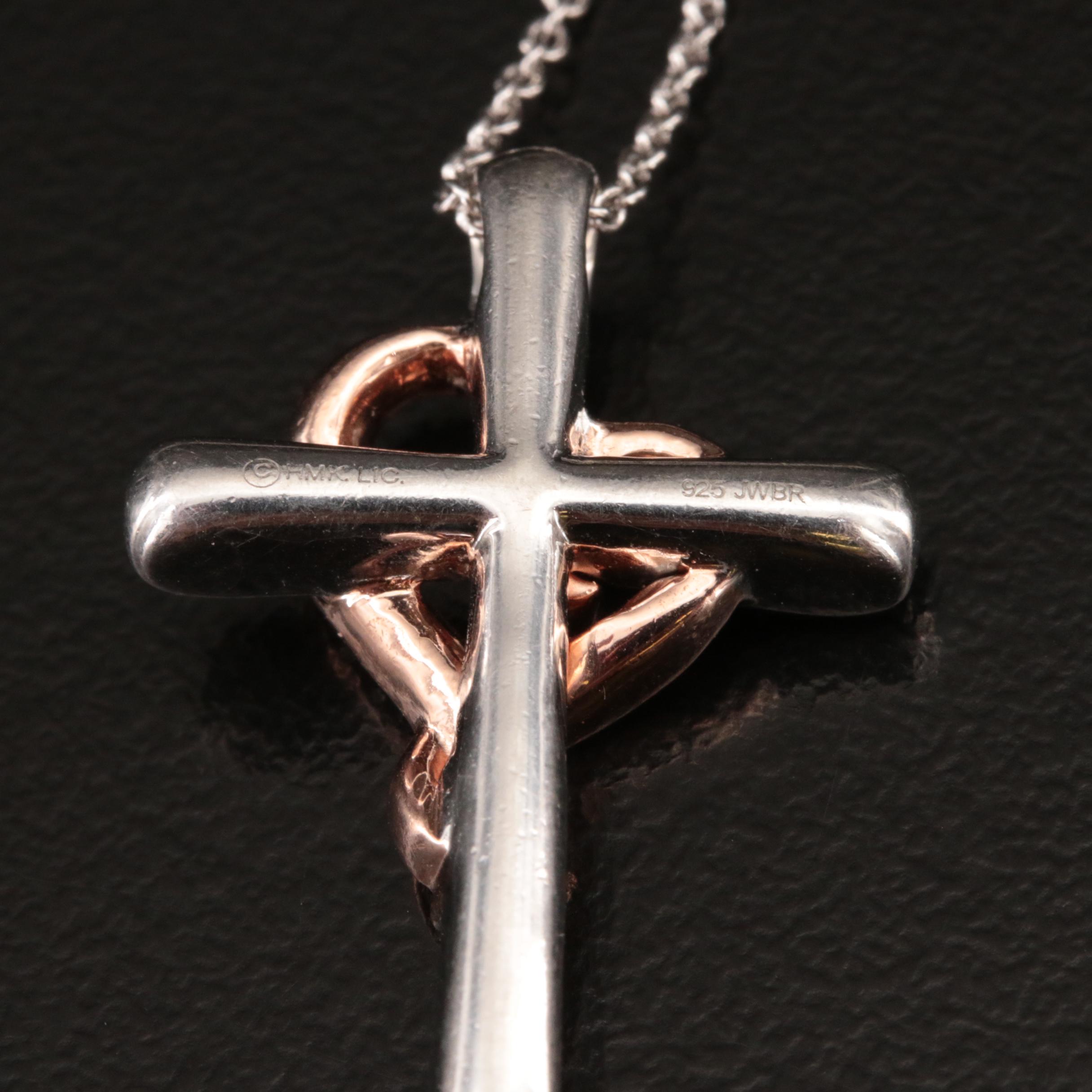 Sterling Diamond Cross and Heart Pendant Necklace with 10K Rose Gold Accent