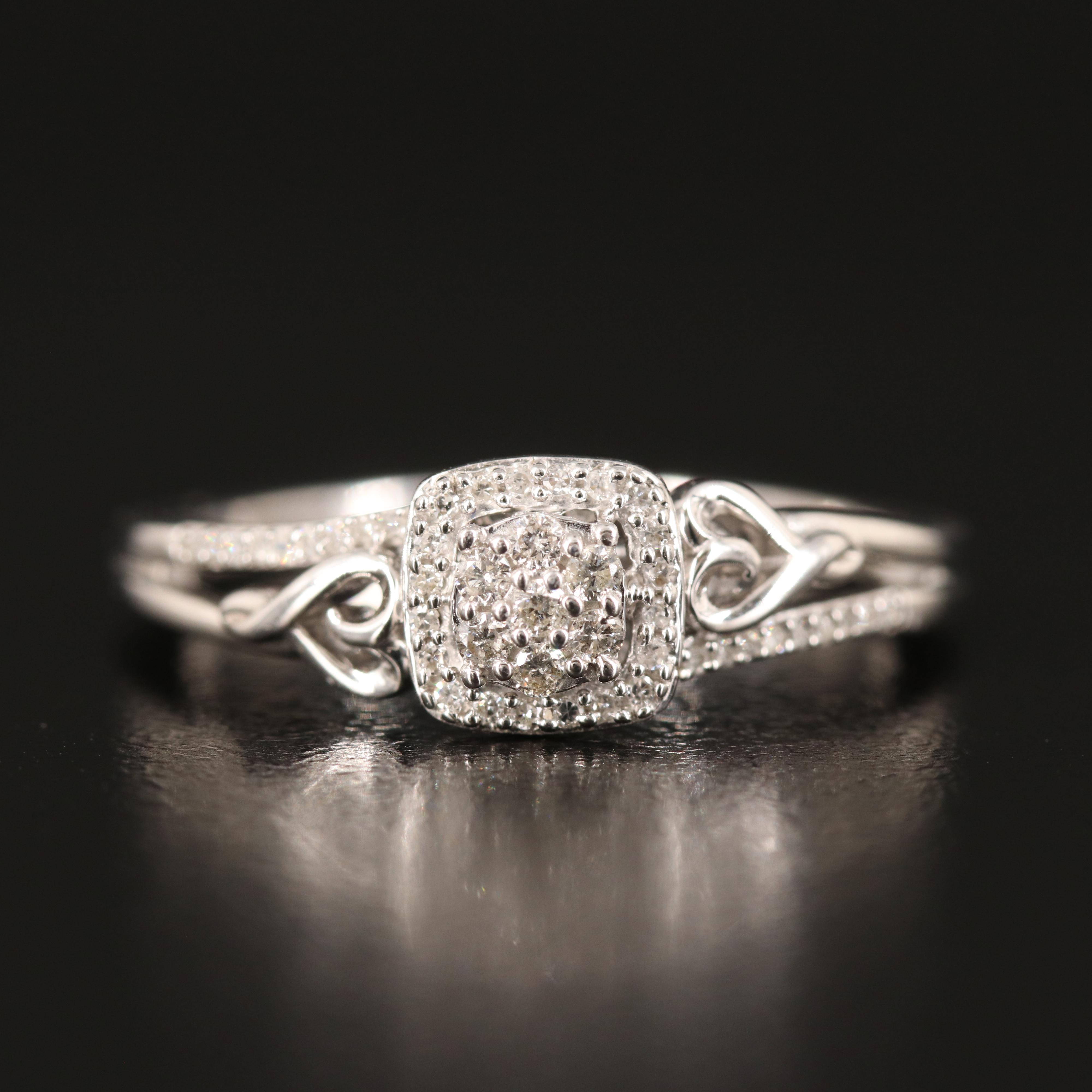 Sterling Diamond Ring with Heart Shoulders