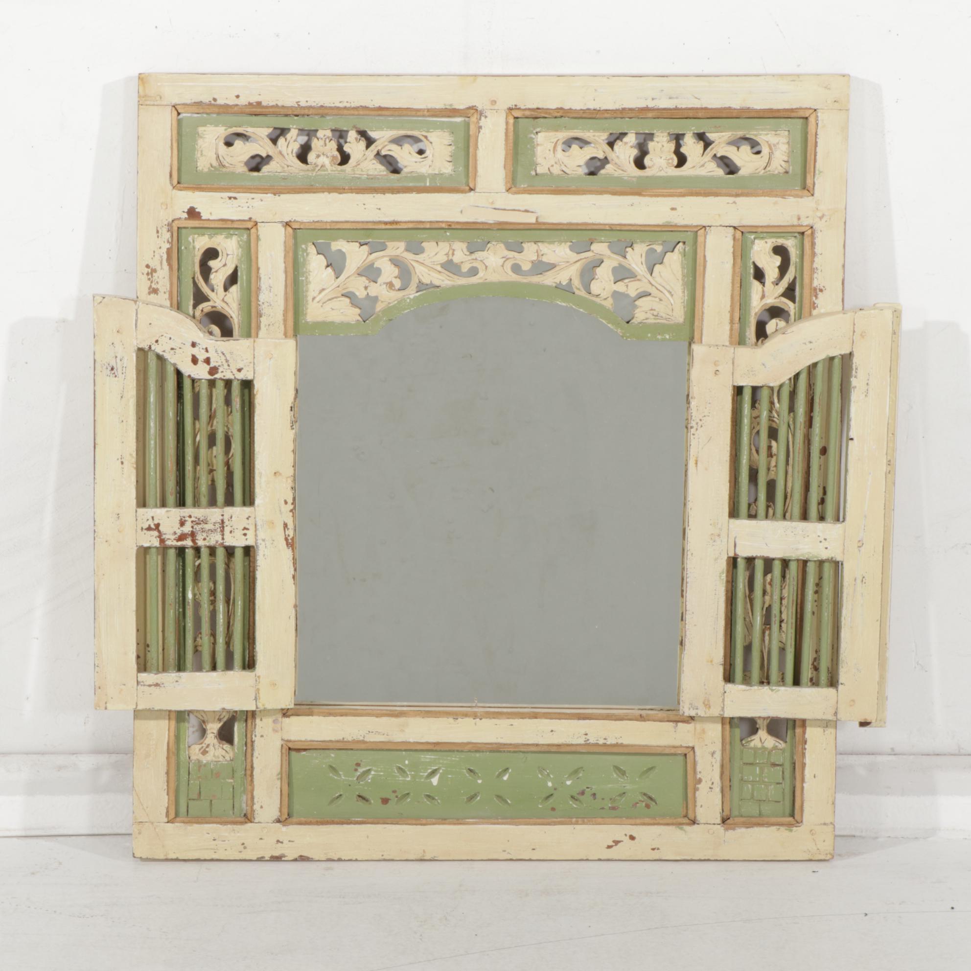 Balinese Style Hand Carved and Painted Shuttered Wall Mirror