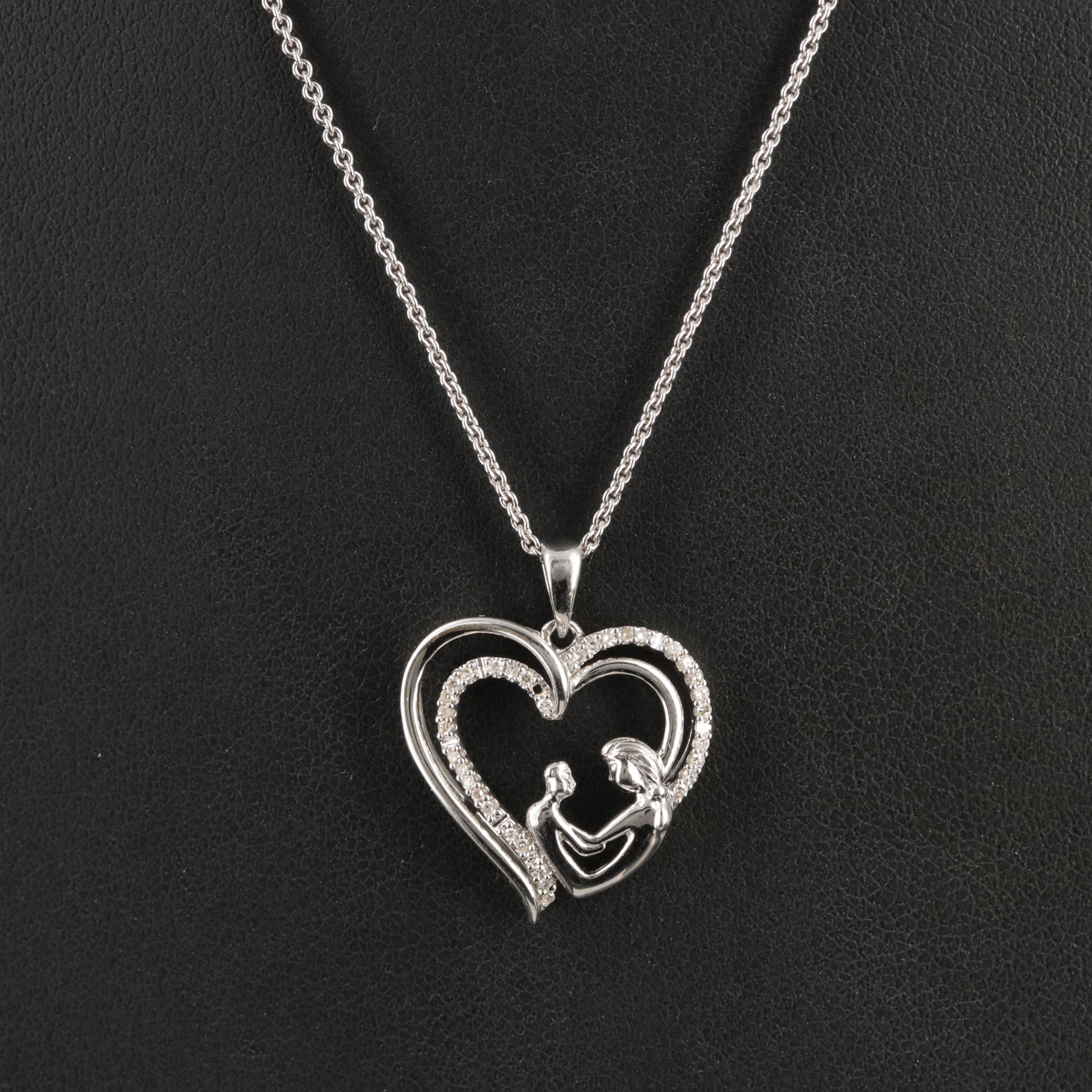 Sterling Mother and Child Heart Pendant Necklace