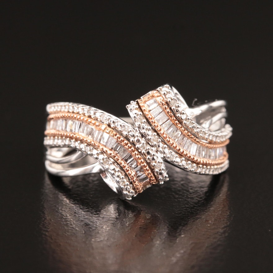 Sterling Diamond Bypass Ring with 10K Rose Gold Accents