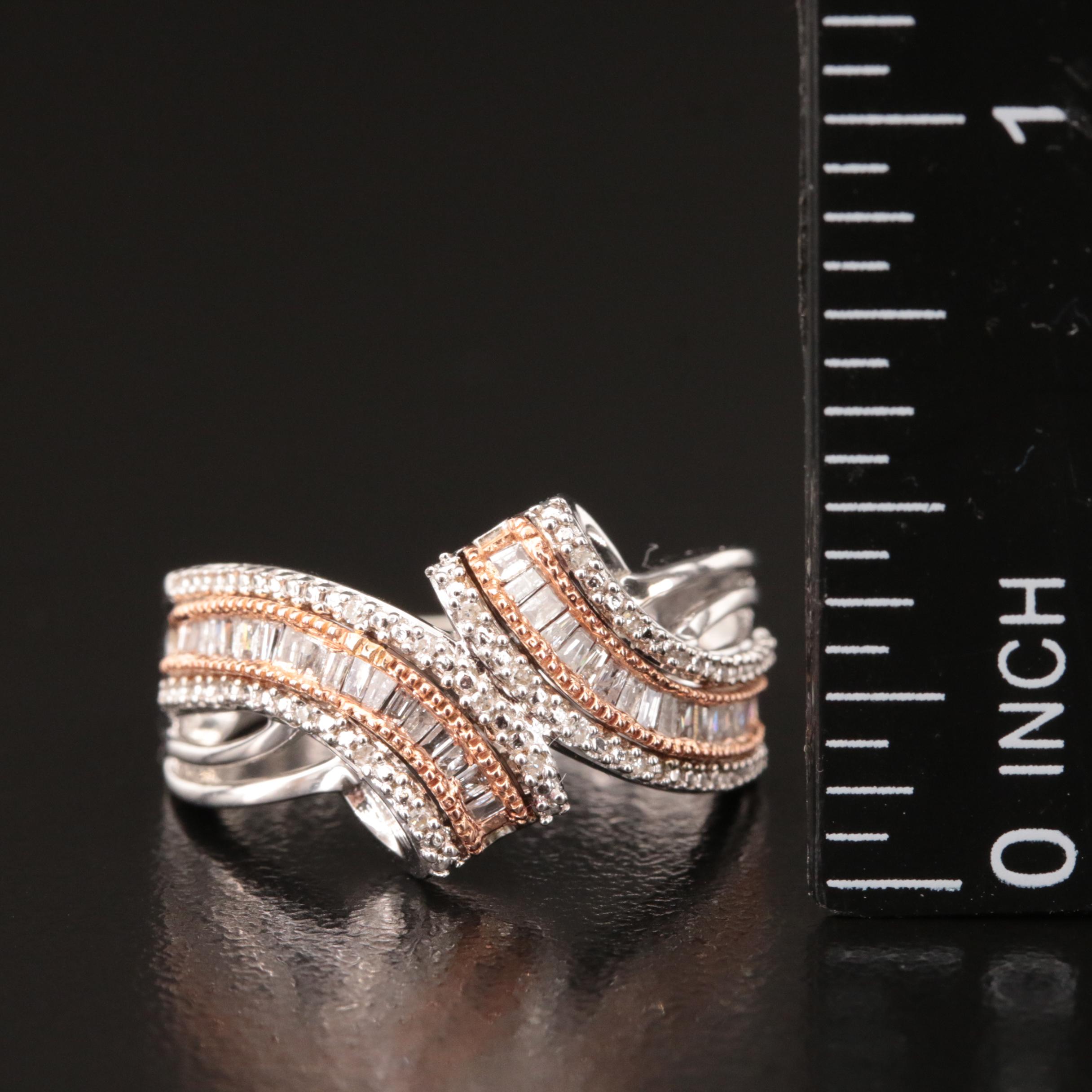 Sterling Diamond Bypass Ring with 10K Rose Gold Accents